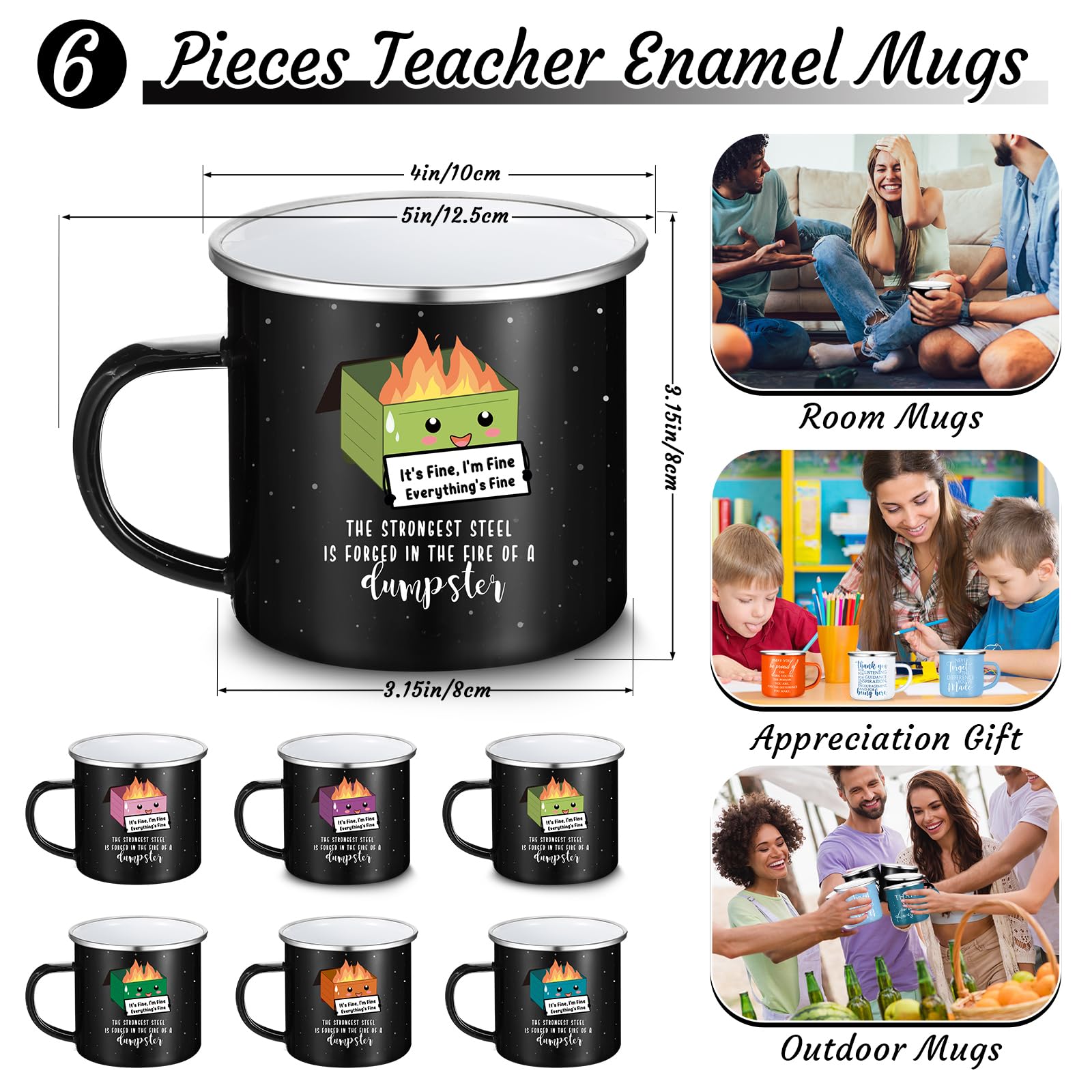 Sieral Emaille-Tassen mit Griff, 340 ml, inspirierende Kaffeetassen mit Griff, Dankeschön-Geschenke für Kollegen, Team, Lehrer, Krankenschwester, Freiwillige, Frauen, 6 Stück