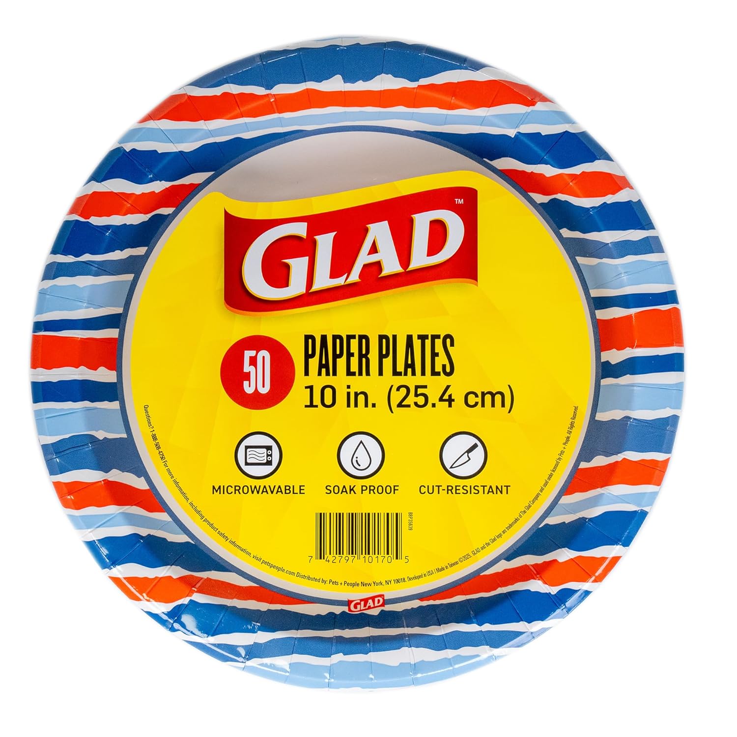 Glad Round Disposable Paper Plates with Red, White, and Blue Print - Strong, Sturdy, Soak Proof, and Microwavable Decorative Plates for Dinner and Everyday Use, 10 Inch, 50 Count