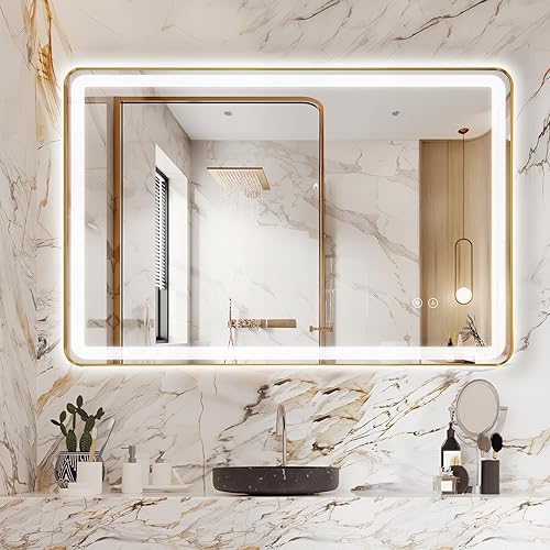 Miniatura 10 de Espejo de baño LED rectangular, 40 x 30 pulgadas, antiempañamiento, doble tacto, iluminado, espejo de tocador de pared con marco de metal biselado