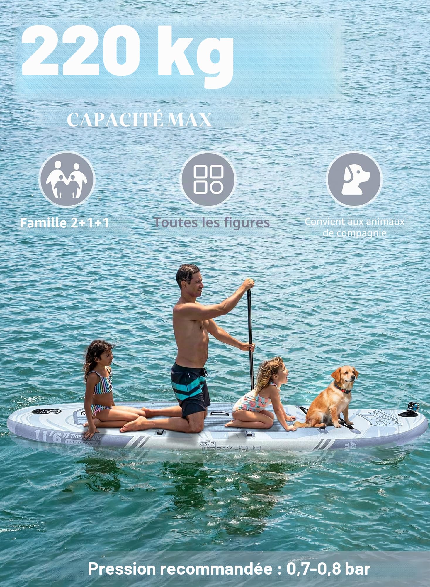 TIGERXBANG Planche à Pagaie Gonflable de 353x89x15cm avec Accessoires Complets, Grandes Planches à Pagaie de Qualité Supérieure pour Adultes/Jeunes, Collection Polar Frost