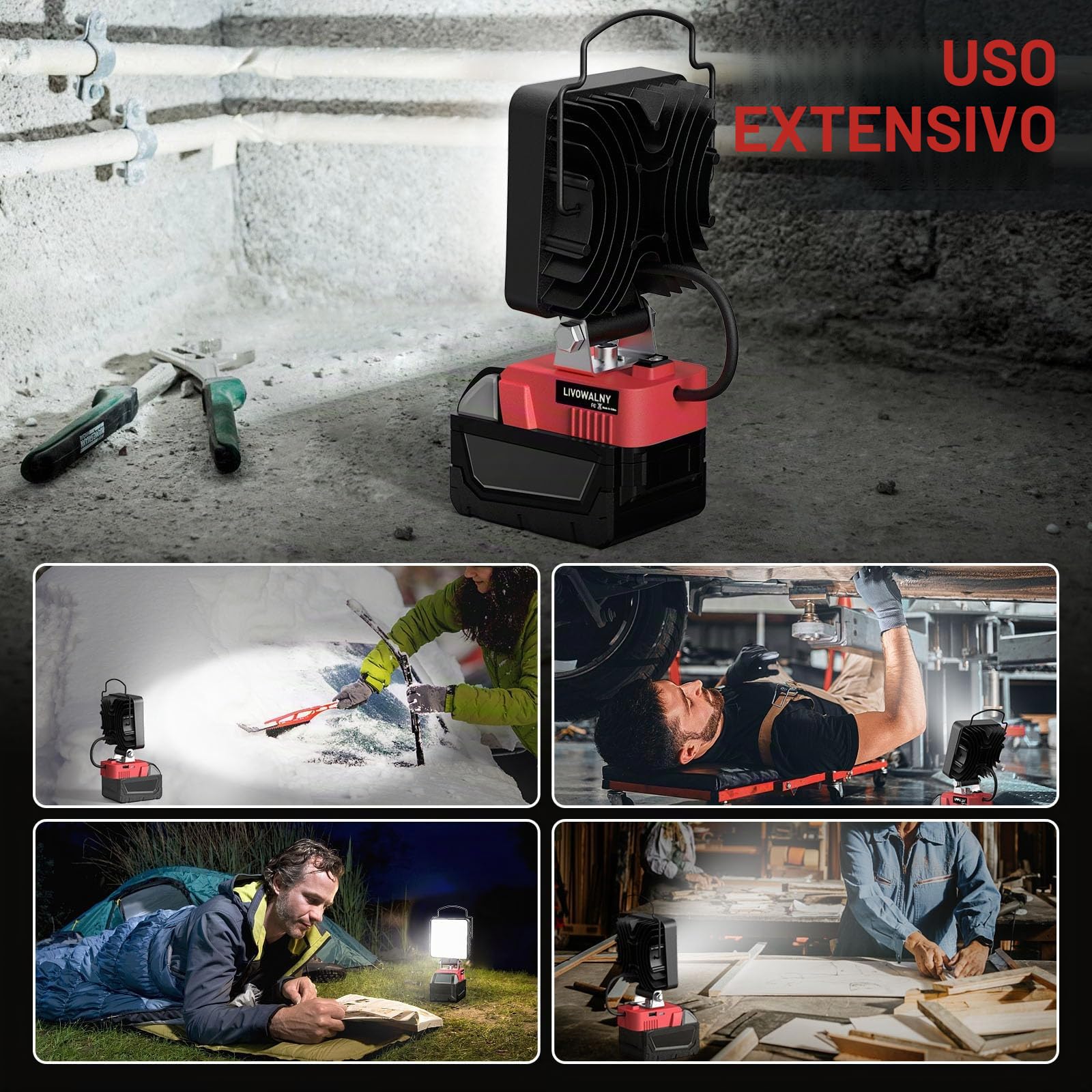 LIVOWALNY Foco Led Recargable 48W Compatible con Milwaukee, Luz trabajo LED Inalámbrica 4800LM, Con Puerto de Carga USB y tipo C para Acampar y Hacer Senderismo(Solo Herramientas)-Rojo