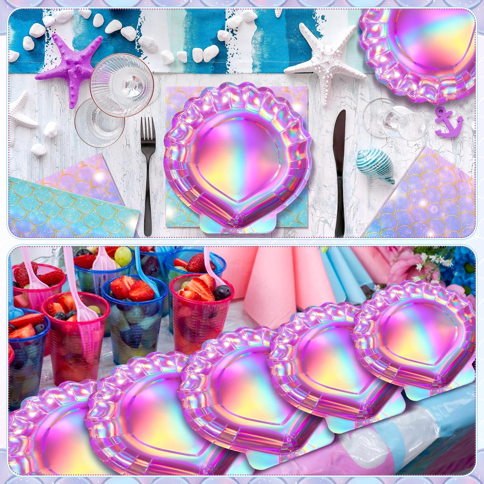 Gersoniel Juego de 40 piezas de suministros de fiesta de sirena morada, 20 platos de concha de almeja y 20 servilletas de escamas de sirena, decoraciones de fiesta, platos de papel desechables y