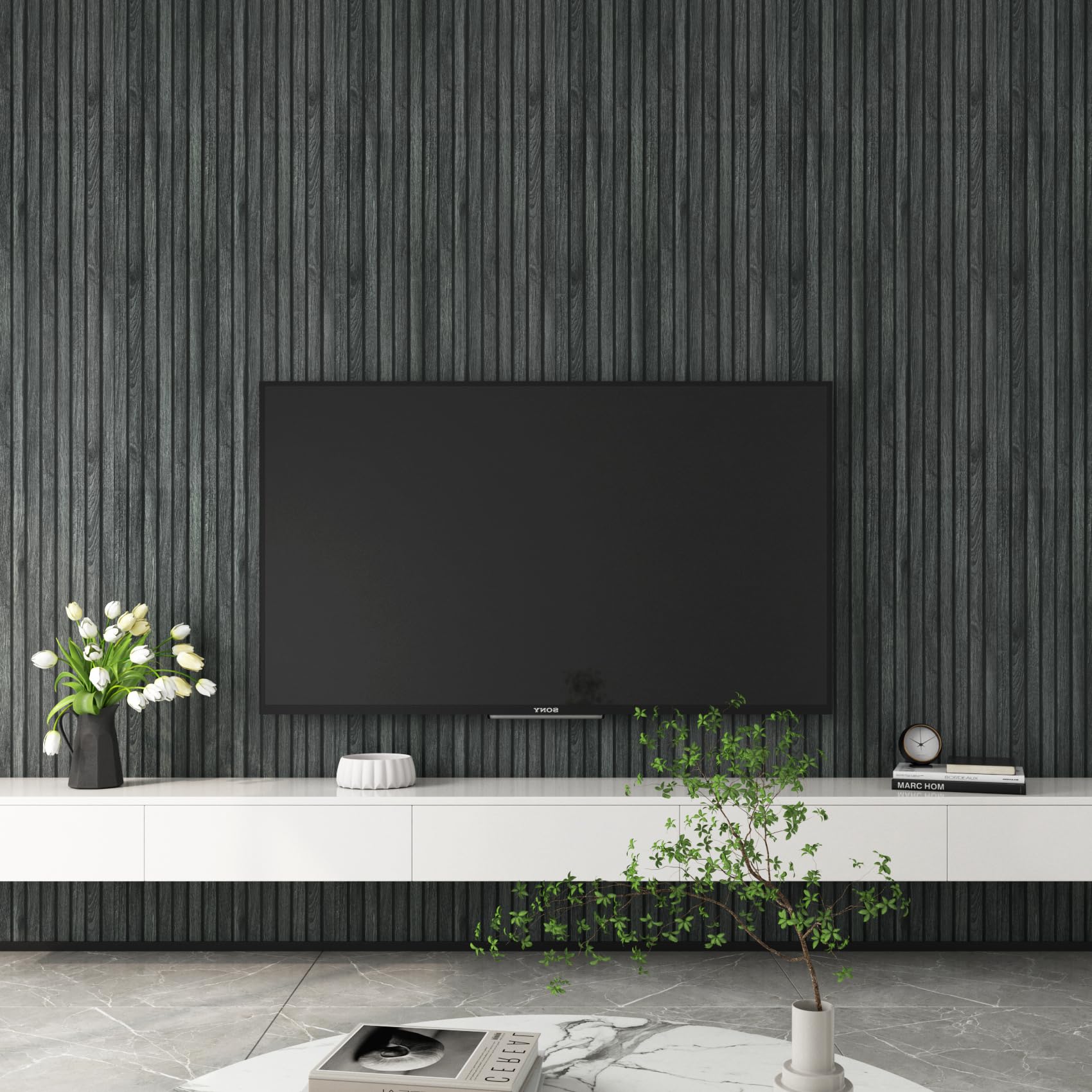 YENHOME 30"X118" Wood Slat Wallpaper Peel and Stick Wood Slat Wall Panel Waterproof Natural 3D Removable Wall Paper Black Contact Paper for Cabinets