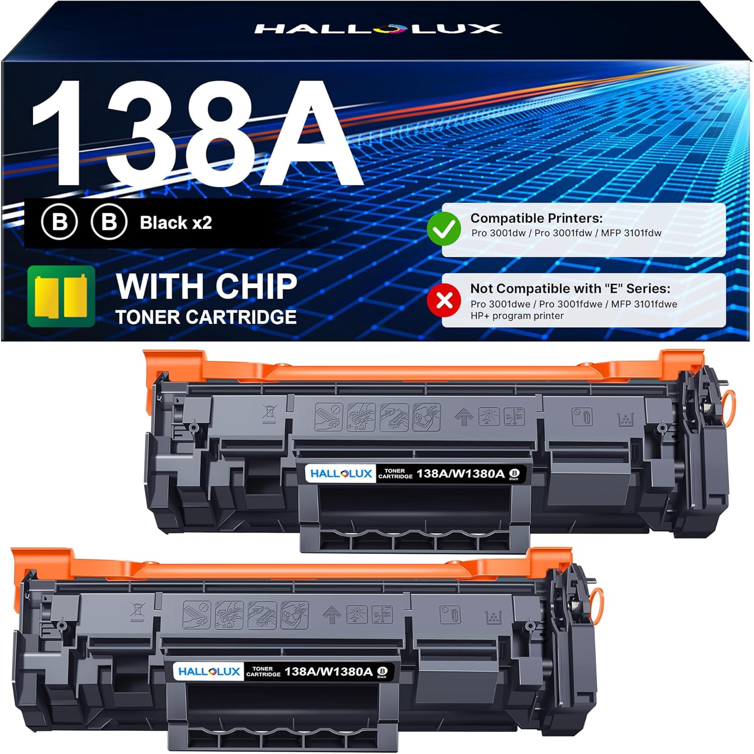HALLOLUX 138A Black LaserJet Toner Cartridge (with Chip) Compatible Replacement for HP 138A W1380A 138X W1380X for HP LaserJet Pro 3001dw MFP 3101fdw 3001fdw Printer Ink (2 Pack Black, 138A Toner)