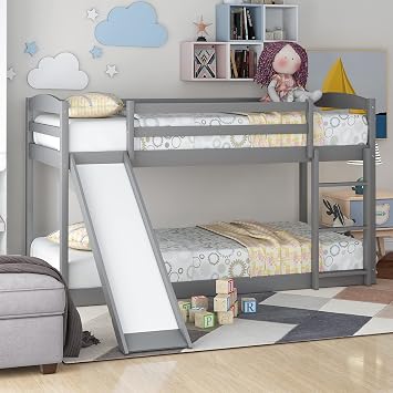SOFTSEA Floor Bunk Bed Twin Over Twin with Slide and Ladder Wooden Low Bunk Beds, Wood Slats, Gray