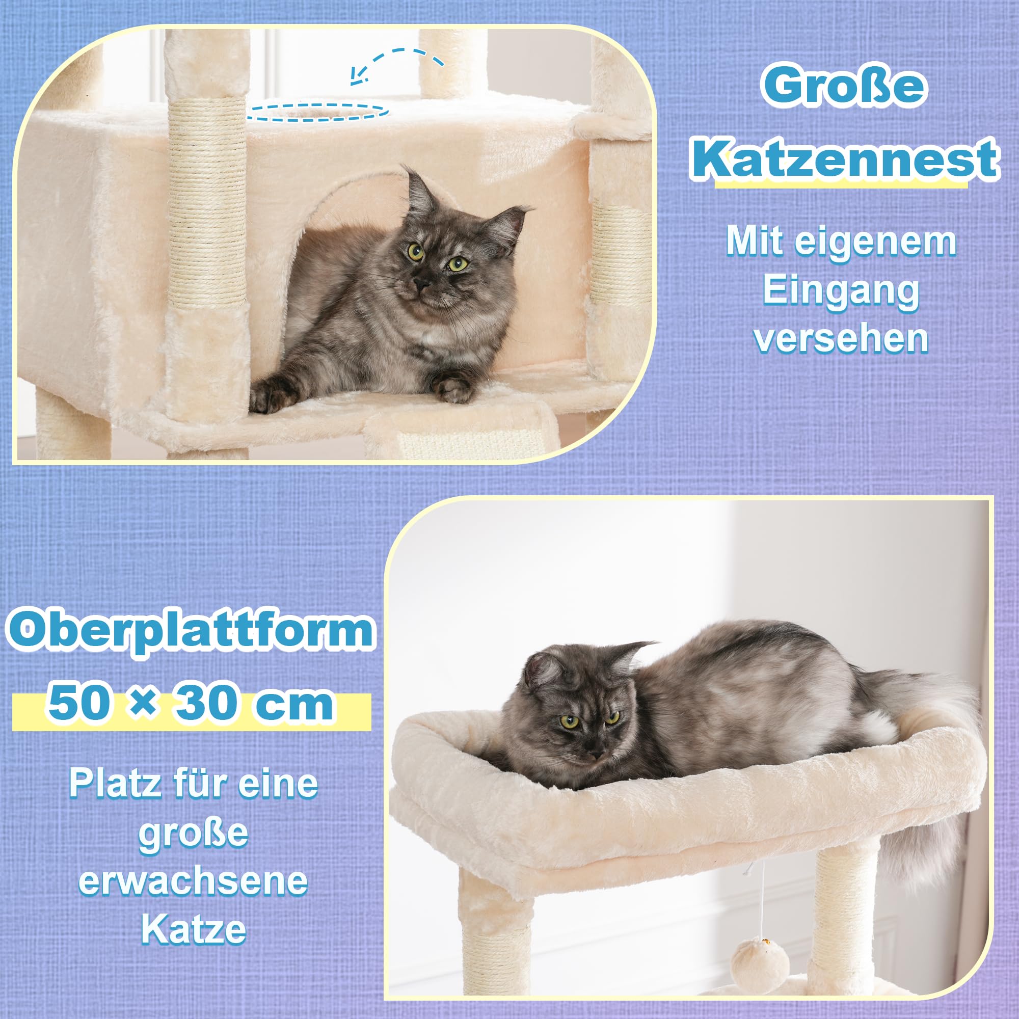 Hey-brother Tiragraffi per Gatti, con Amaca, Cuccia, 2 Piattaforme, MPJ80M | 180cm Albero per Gatti, 2 Ceste, Rampa graffiante, Pompon, Ideale per più gatti da interno, Beige