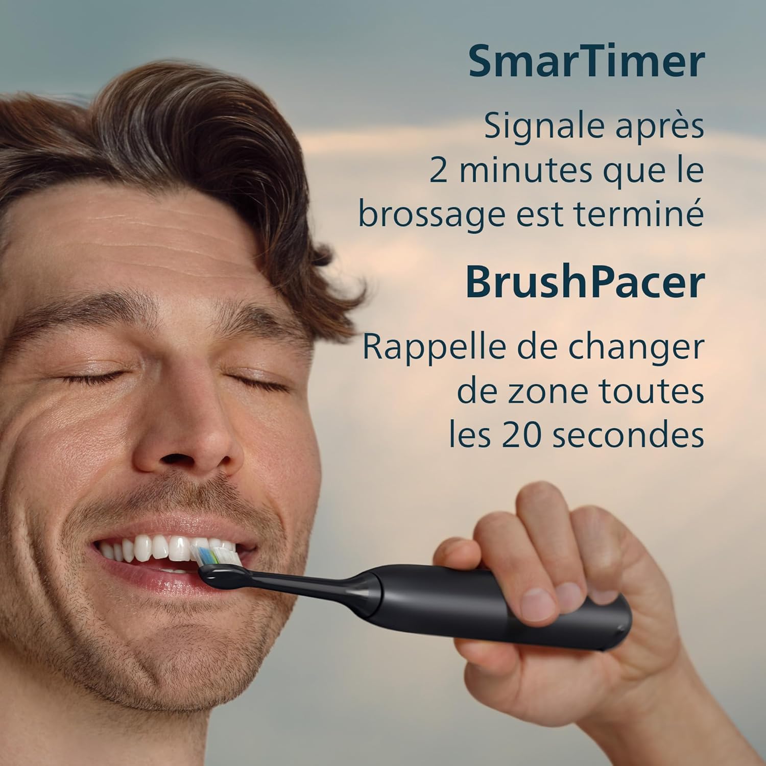 Close-up of the Philips Sonicare 5300 toothbrush handle, showing the power button, intensity settings, and battery indicator lights.