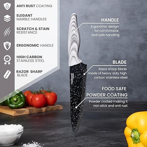 Miniatura 3 de nuovva Juego de cuchillos de cocina profesionales  5 cuchillos de cocina de granito negro  Cuchillas antiadherentes de granito de acero inoxidable