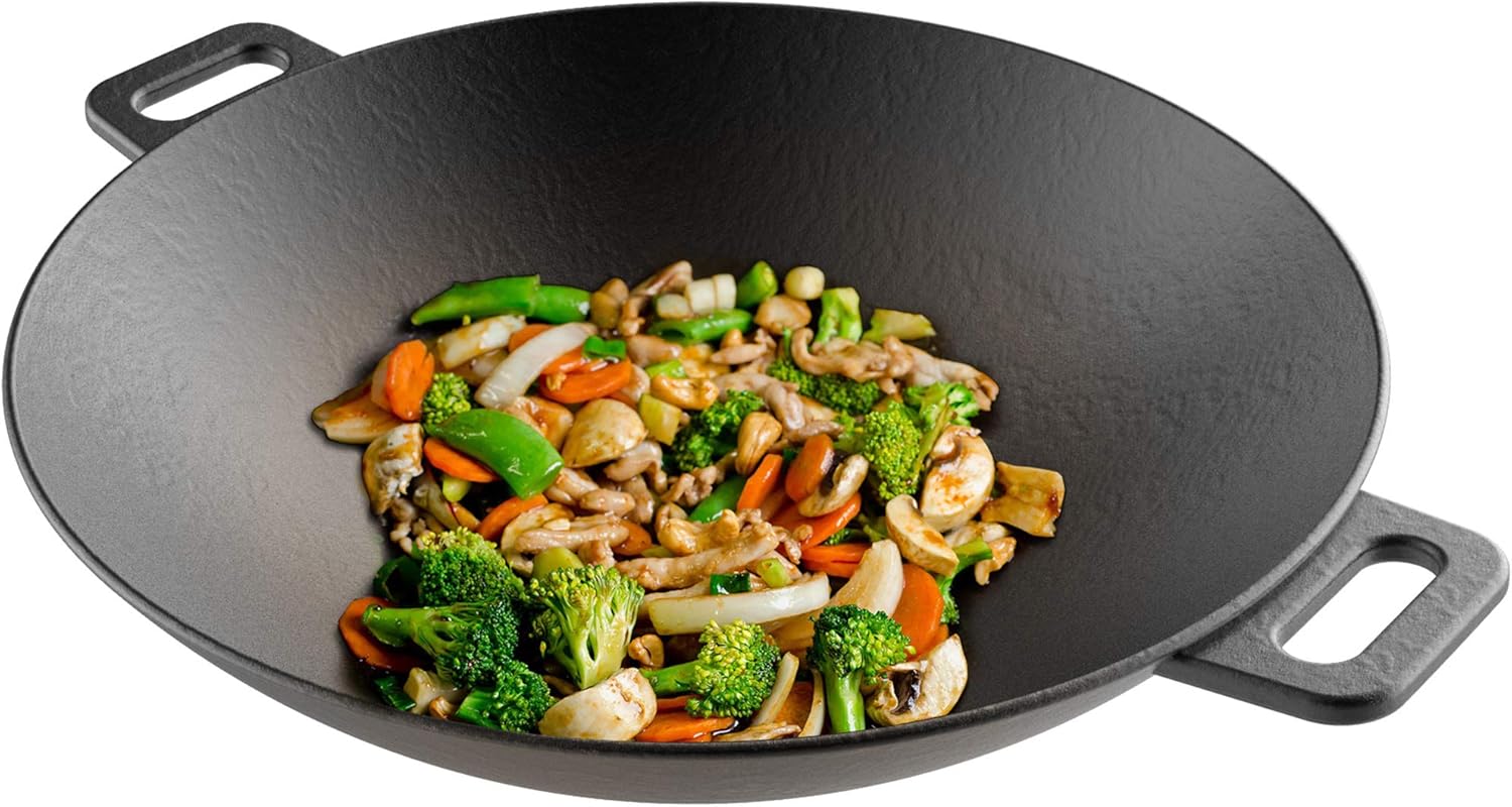 Cast Iron Wok-14” Pre-Seasoned, Flat Bottom Cookware with Handles-Compatible with Stovetop, Oven, Induction, Grill, or Campfire by Classic Cuisine, (82-KIT1088)