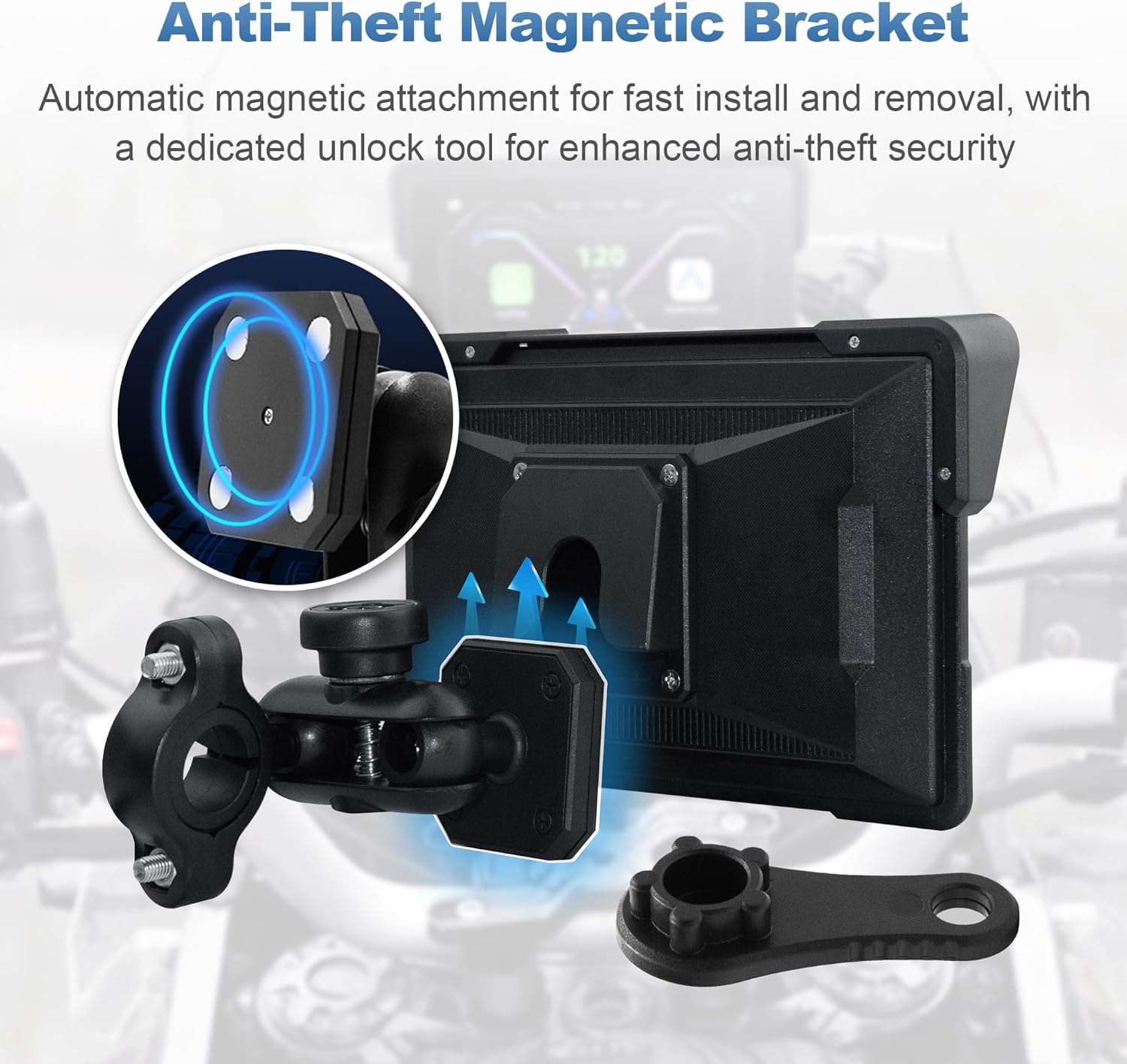 Mt7A 7 Inch Motorcycle Carplay Screen, Wireless Apple Carplay & Android Auto, 800Nits, IP67 Waterproof, Screen Mirroring, BT4.2, Voice Control with Siri/Google Assistant with Magnetic Mount