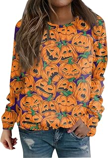 WANZZXCSL Casual Halloween Long Sleeve Pullover Women Hanky Hem Cozy Bike Crew Nec Polyester Baggy Pumpkin Ruched Top Women