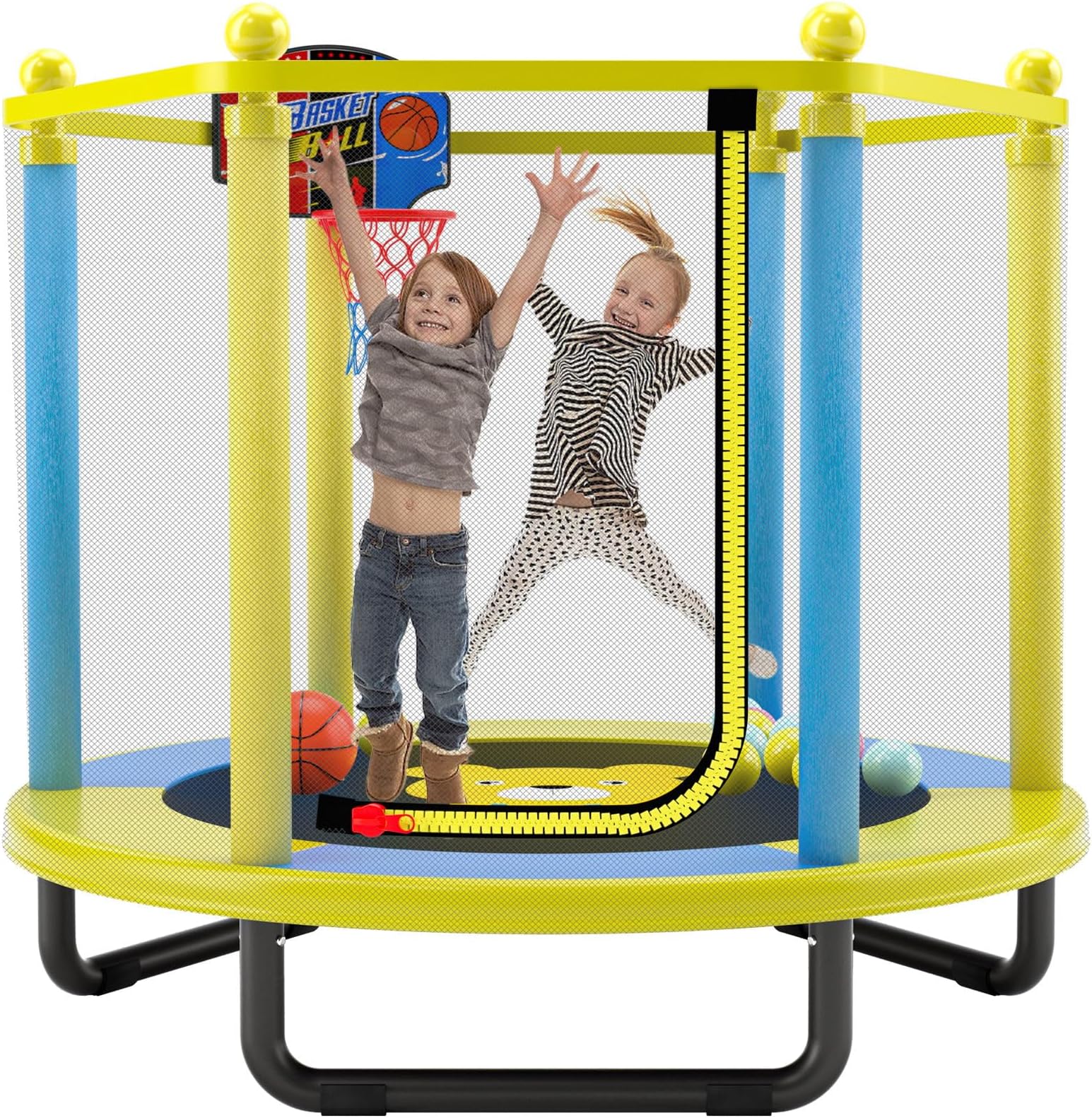 60", 5FT Mini Baby Toddler Recreational Trampoline with Basketball Hoop, Enclosure Net, Birthday Gifts for Indoor Outdoor Children, Kids(Yellow)