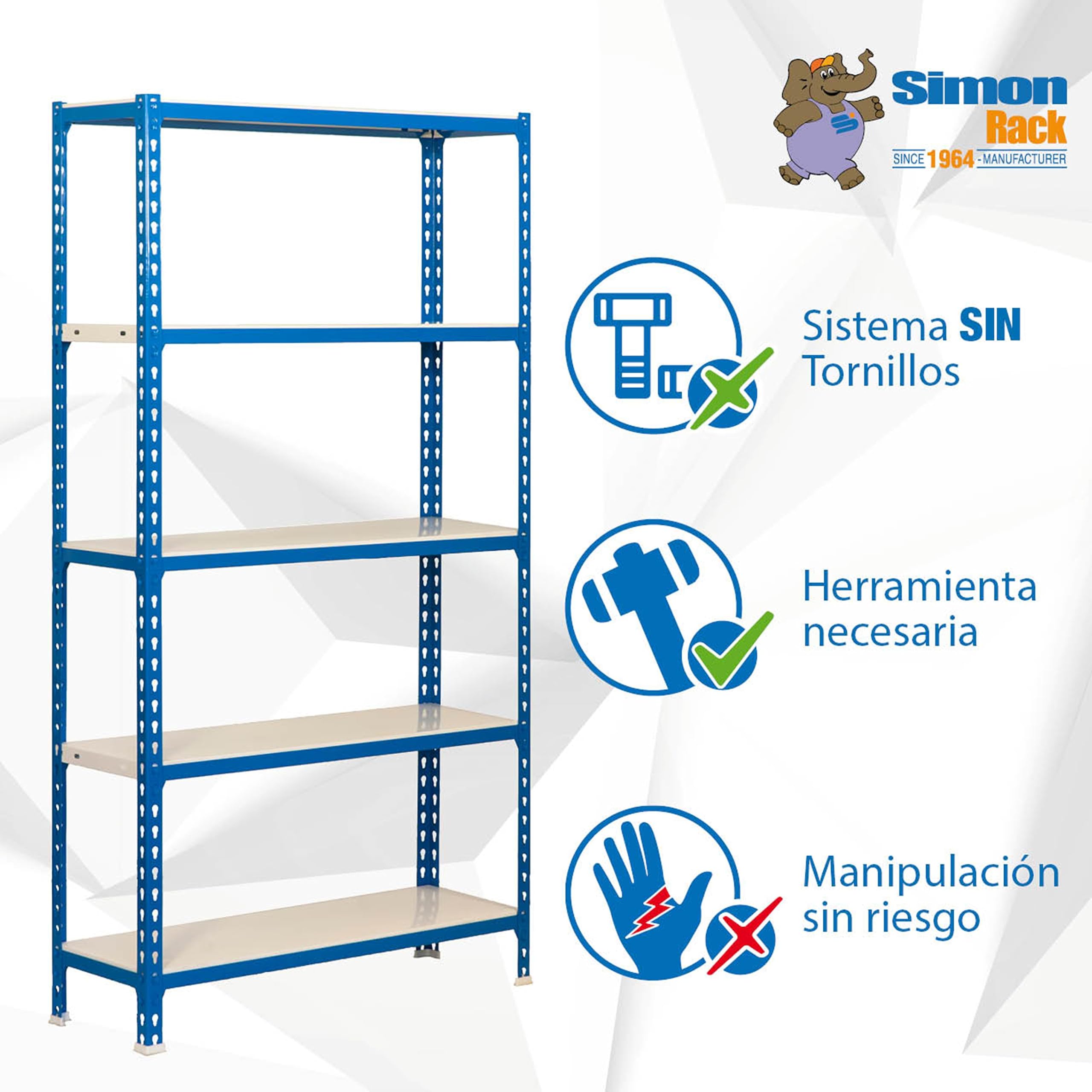 Simon Rack Regał metalowy 1800x900x300 mm, 5 półek, nośność 180 kg na półkę, regał magazynowy i garażowy, stabilna konstrukcja, kolor Niebieski/Biały – Simon Classic