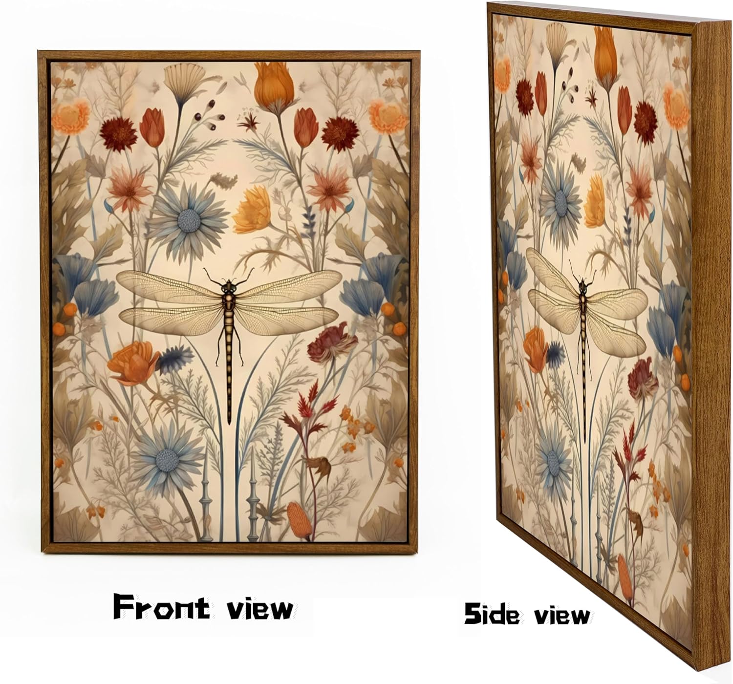 Framed Vintage Dragonfly Canvas Wall Art Whimsical Botanical Floral Picture Elegant Mid Century Natural Poster Prints Eclectic Insect Aesthetic Painting Wall Decor for Living Room Bedroom 16x24in