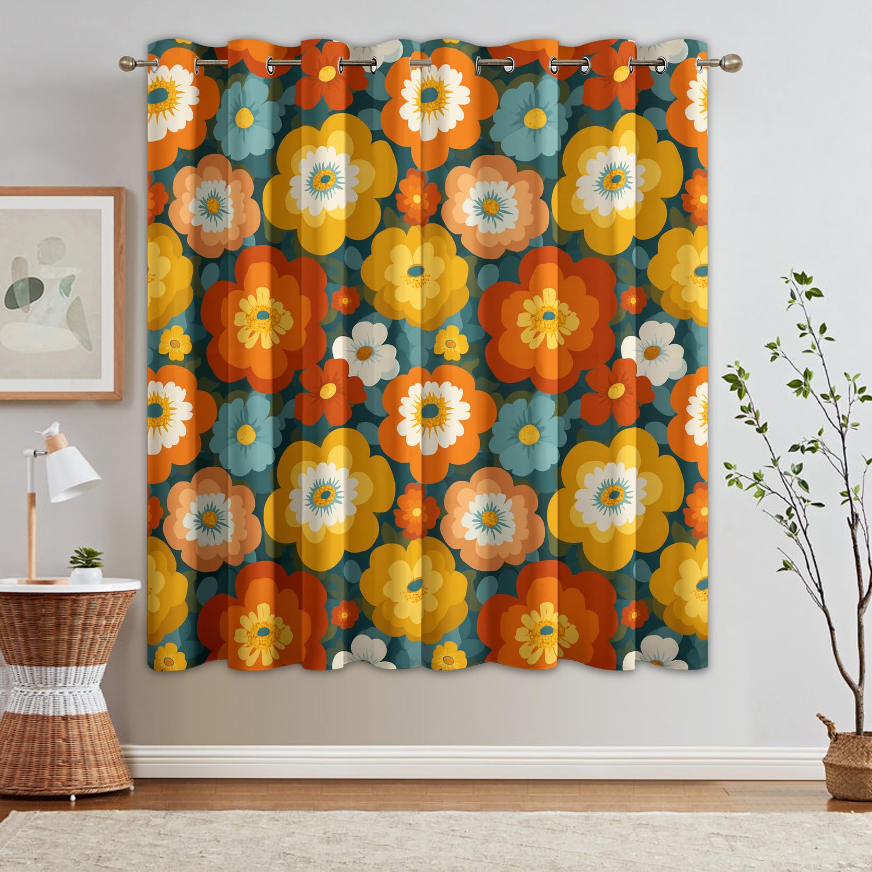 Rideaux Motif Groovy Florales - Rideau Occultant Bohème Fleurs Hippie, Lot de 2 Rideaux Imprimé, Decoration Chambre Salon Cuisine, Draperies Intérieurs à Oeillets L 140 x H 200 T&YE-2