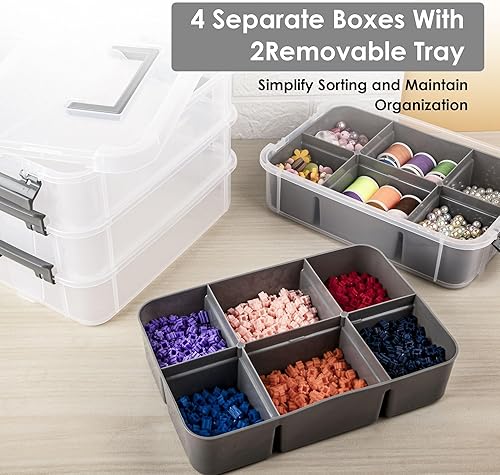 Miniatura 2 de Caja de almacenamiento de plástico moderna gris y blanco, 4 capas de contenedores de almacenamiento duraderos para manualidades con 2 bandejas
