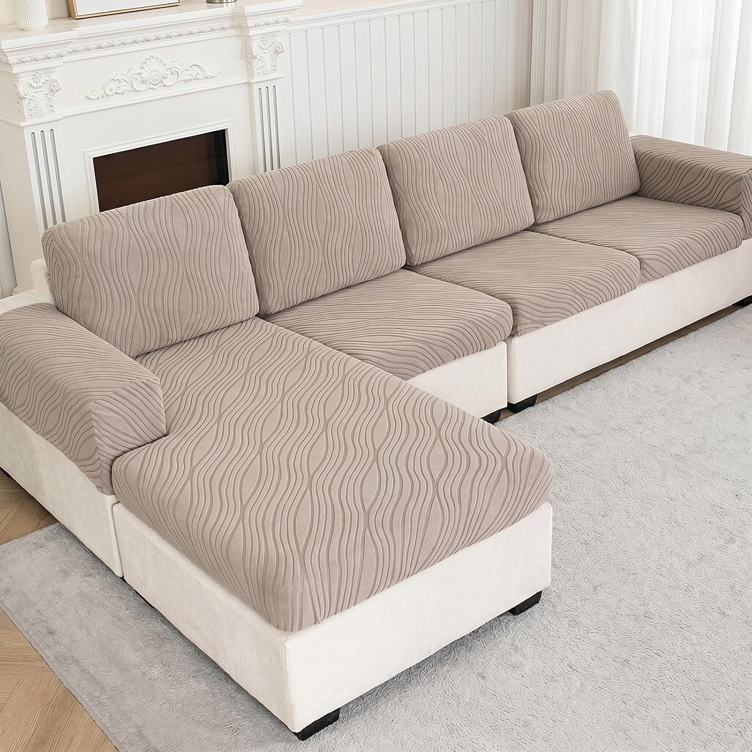 Eco-Ancheng Couch Cushion Cover Sectional Couch Covers for Sofa Chaise Couch Cover L Shaped Sofa Cover Seat Cushion Cover Stretch Sofa Slipcovers for Pets(2 Seater + 1 Chaise,Taupe)