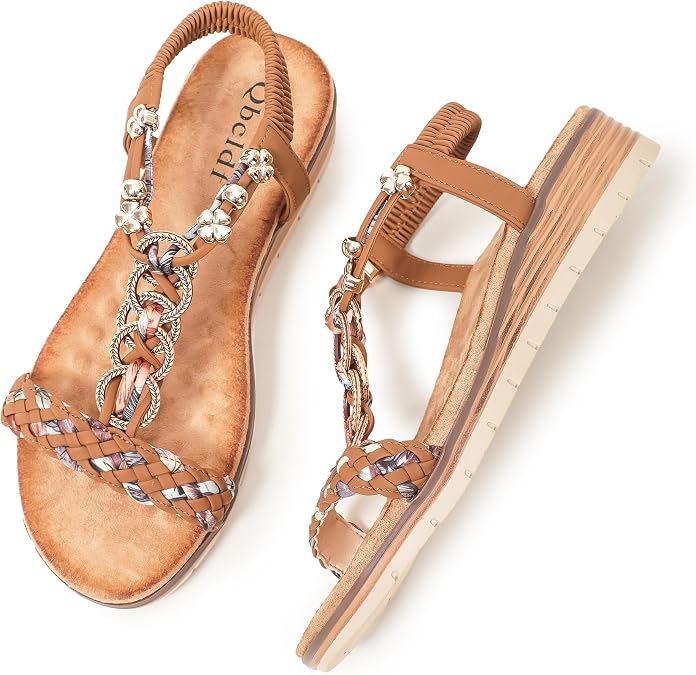 Women's Boho Wedge Sandals Open Toe Elastic Ankle Strap