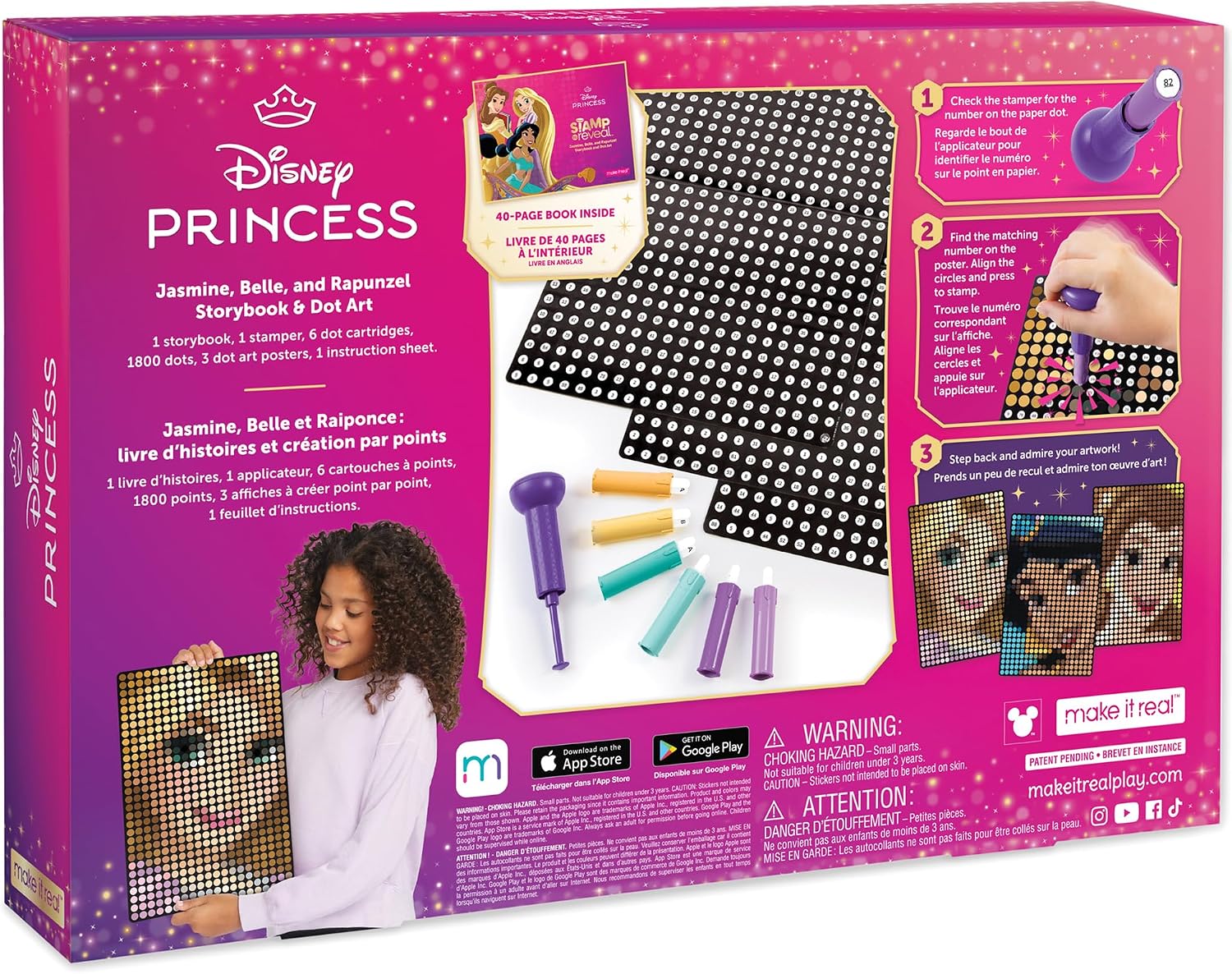 Make It Real Disney Princess Dot Art Set - Jasmine, Belle, Rapunzel | Interactive Craft Kit with Stamper & 1800 Dots for Ages 6+ | Creative Art for Kids