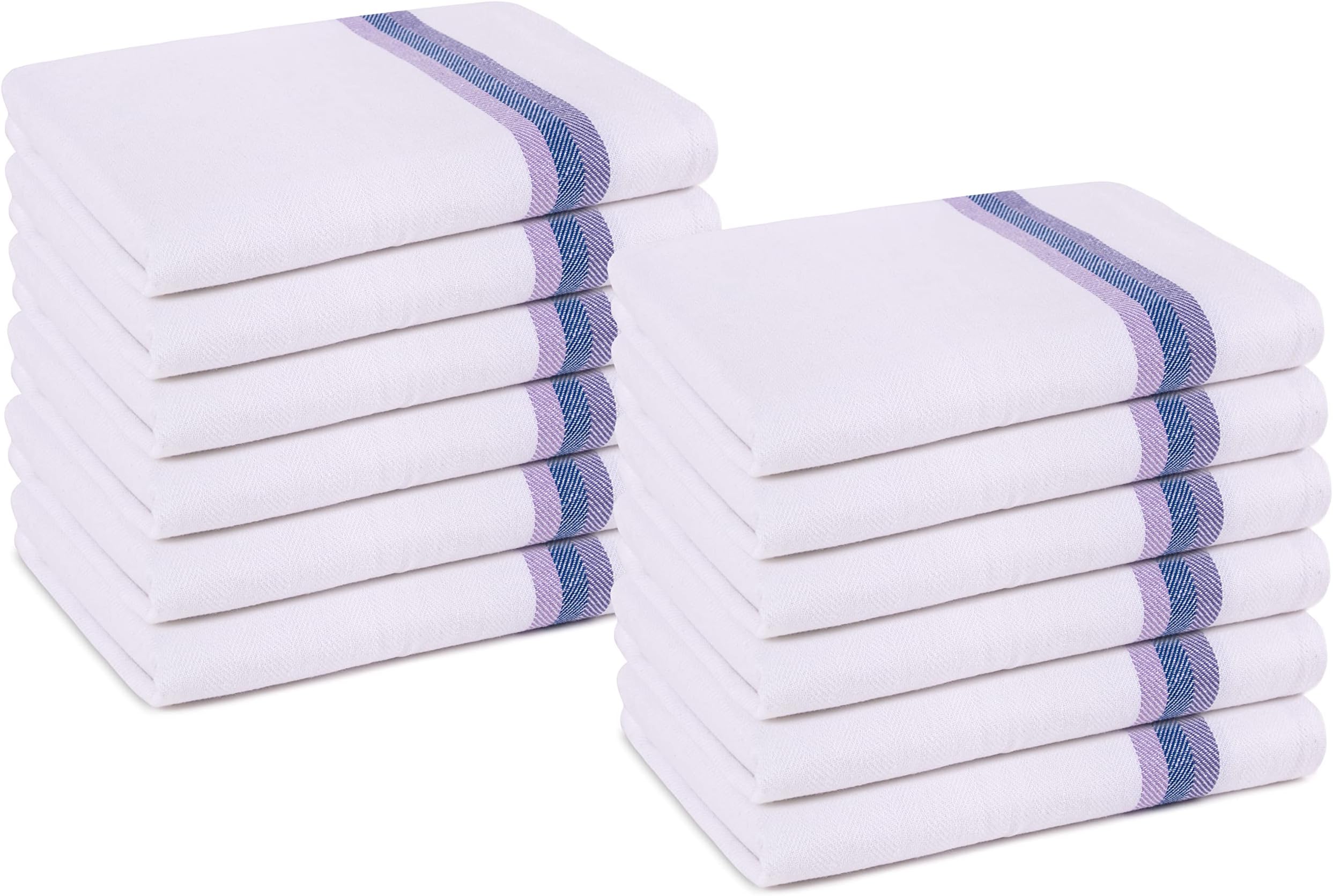 Pagnanno Tea Towels, Soft and Absorbent – Multi Pack of Large Classic Herringbone Weave, Lint Free, Cotton Kitchen Dish Towels 45x70 cm in White with blue, green and orange stripes (Purple Stripe, 12)