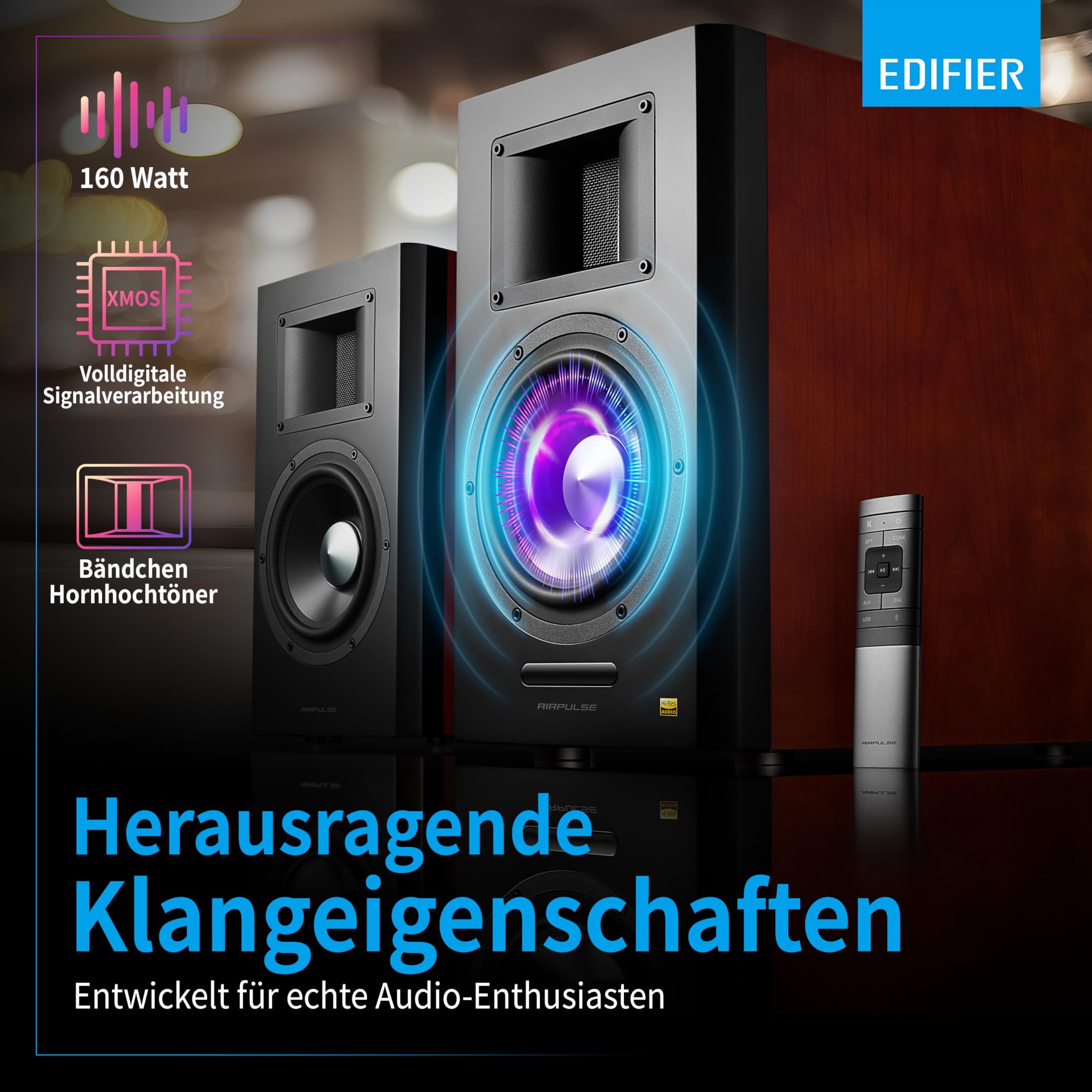 EDIFIER AIRPULSE A300 - 2.0 Studiomonitore (160W) mit Bluetooth V5.0 (aptX), Bändchen-Hornhochtöner für präzise und klarste Höhen, vielseitige Anschlussmöglichkeiten, inkl. Fernbedienung