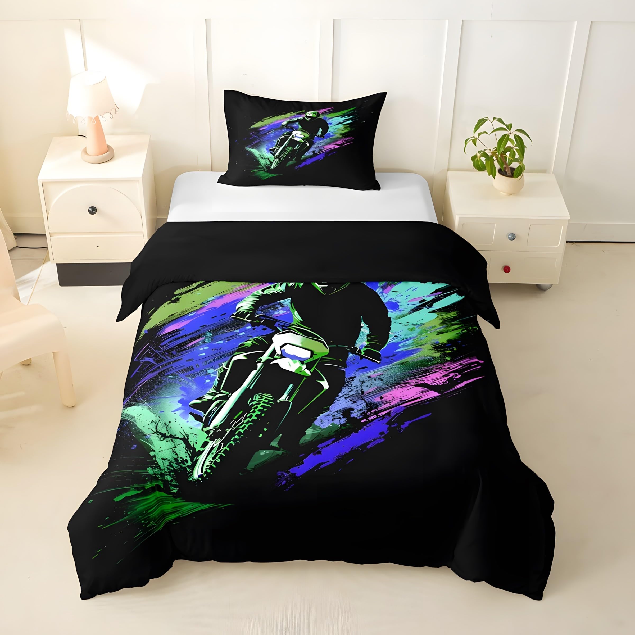 Housse de couette moto 200x200 pour chambre d'ado passionné de deux-roues verte