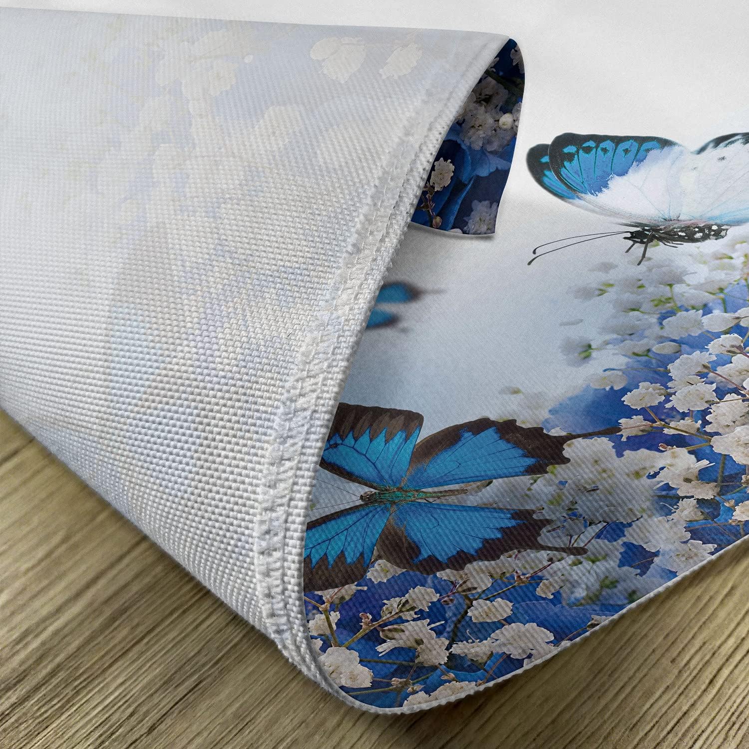 Lunarable Blue and White Place Mats Set of 4, Hydrangeas and Butterflies Rural Scenery Freshness Spring Yard Garden, Washable Fabric Placemats for Dining Table, Standard Size, Black White