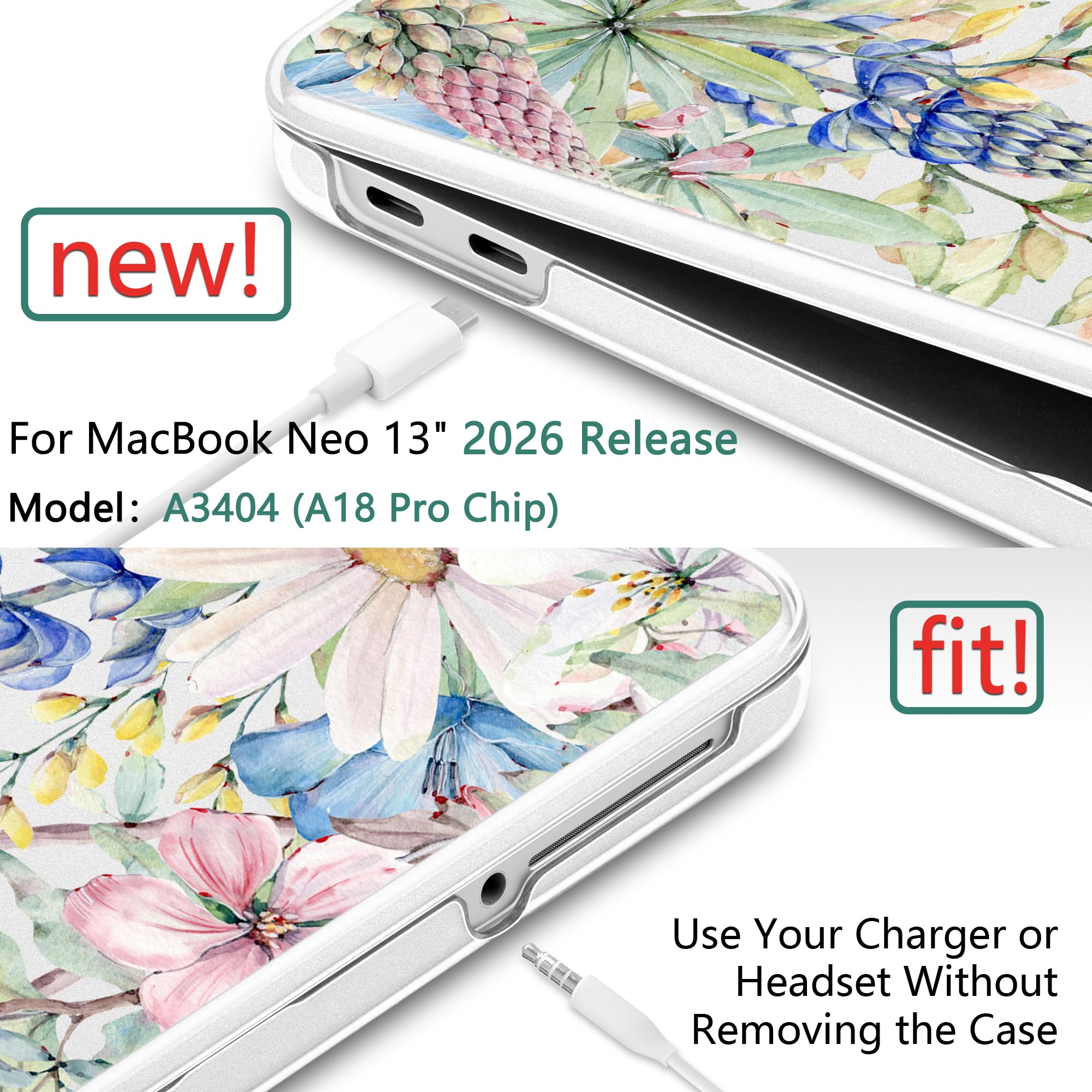 Batianda Funda para MacBook Neo de 13 pulgadas, modelo A3404, bonita carcasa rígida ultrafina floral con cubierta de teclado, protector de pantalla y adaptador USB, paquete de accesorios para laptop