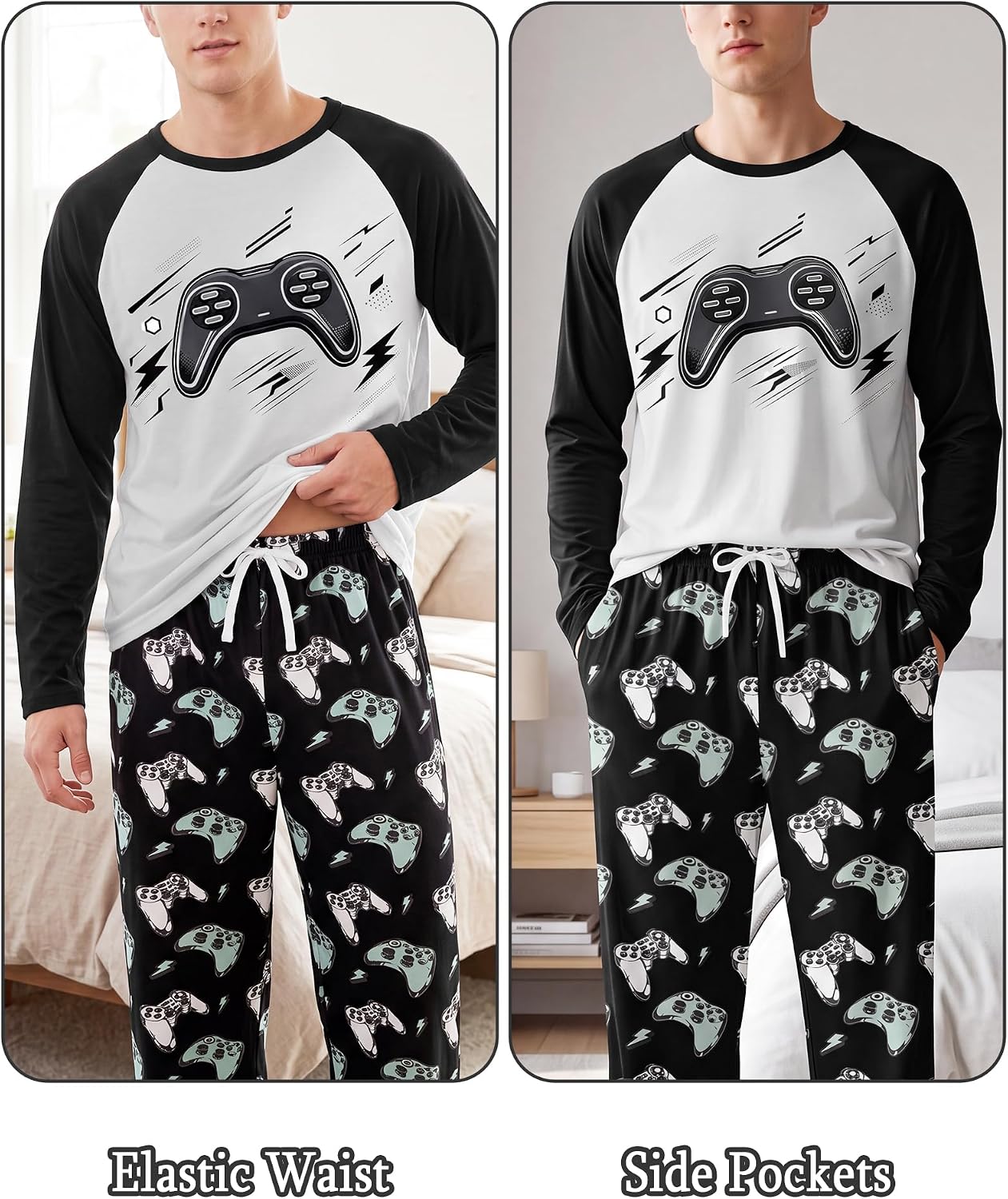 Mens Pajamas Set Long Sleeve Plaid Pj Pants Soft Sleepwear Loungewear Sets
