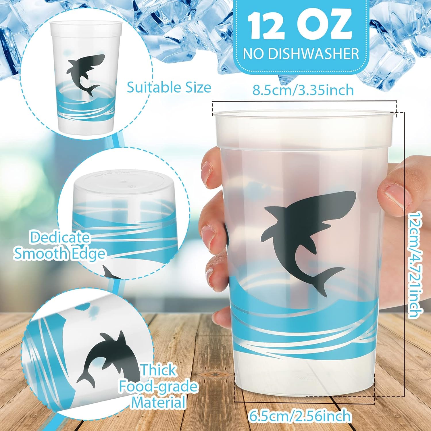 Bokon Shark Cups 12 Oz Ocean Reusable Plastic Stadium Cup Shark Party Favors for Birthday Party Supplies Decorations Adult(48 Pcs)