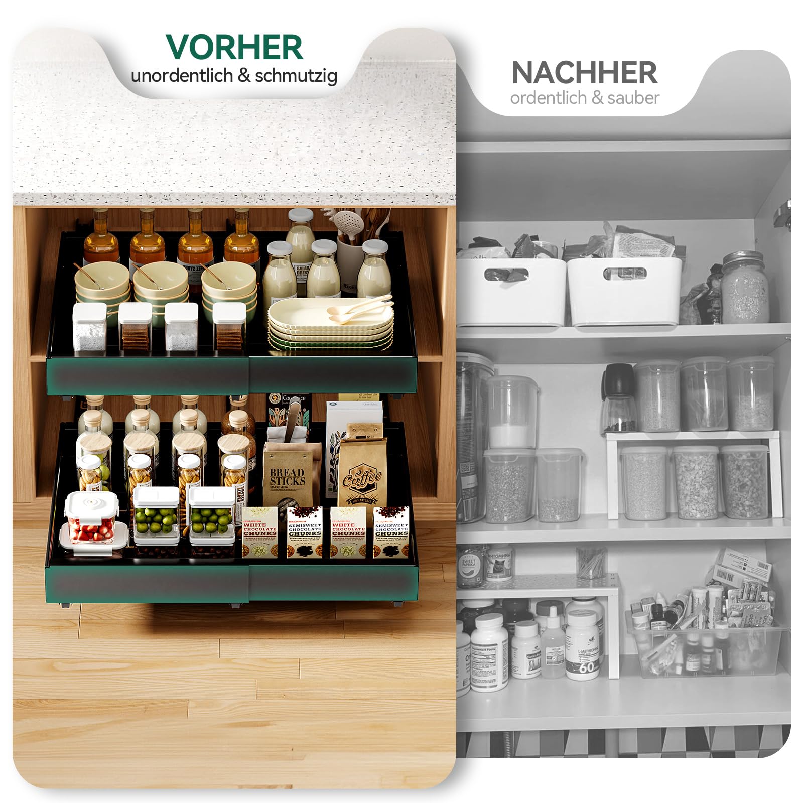 Warmiehomy Teleskopschublade 2 Stück Ausziehbarer Schrank-Organizer Erweiterbarer Stauraum in Küchen Breite 30-52 cm Erweiterbare Schiebeschublade für Küchenschränke, Kein Bohren & Nageln, Schwarz
