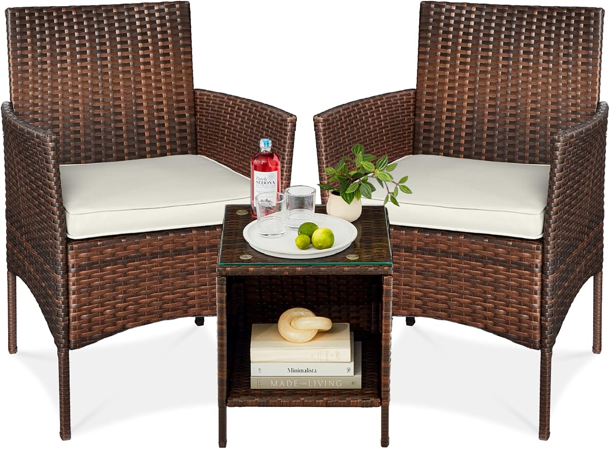 Best Choice Products Juego de bistró de conversación de mimbre para exteriores de 3 piezas, muebles de patio que ahorran espacio para jardín con mesa auxiliar - arena marrón/blanca