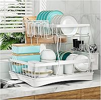 7 Code 2-Tier Detachable Dish Drying Rack with Drainboard & Utensil Holder - Large Capacity Kitchen Counter Organizer, White