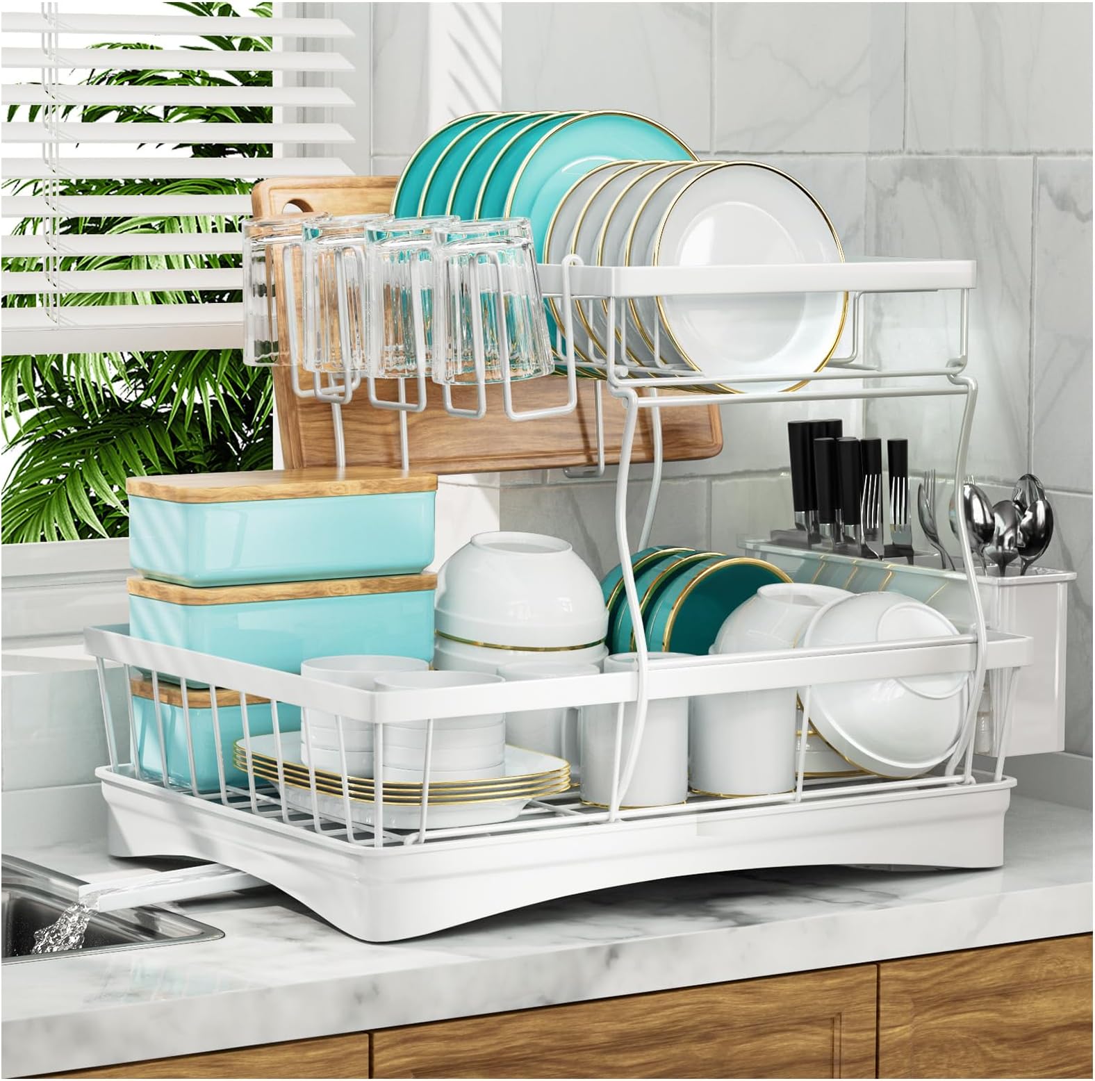 7 code Large Dish Drying Rack for Kitchen Counter,Detachable Large Capacity Dish Drainer Organizer with Utensil Holder,2-Tier Dish Drying Rack with Drain Board,White