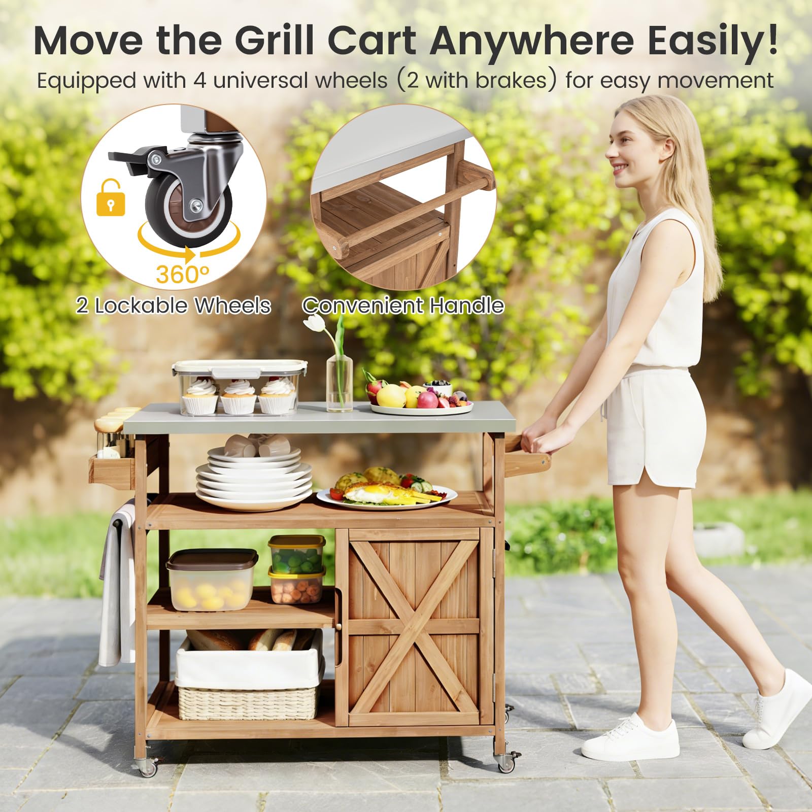 GIANTEX Grillwagen Servierwagen Outdoor, Küchenwagen auf Rollen, Kücheninsel mit Edelstahl Arbeitsplatte, Grill Beistelltisch mit Gewürzregal & Schrank & Handtuchhalter, BBQ Grillwagen,118x47x92 cm