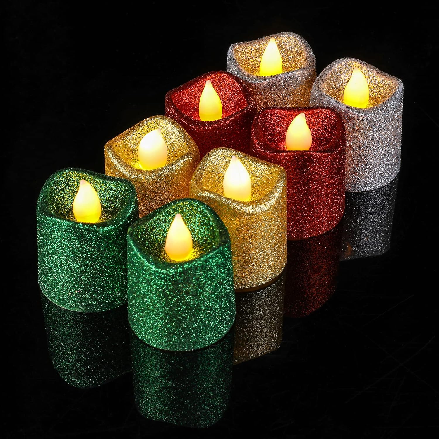 12 Pieces Christmas Glitter Tea Lights Candles Red Green