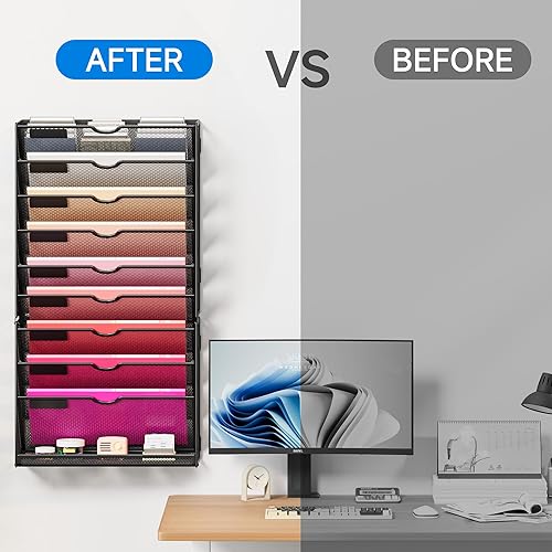 Miniatura 2 de Lavatino Organizador de carpetas de archivos de pared colgantes de 10 niveles, organizador de archivos de papel de malla de metal negro para