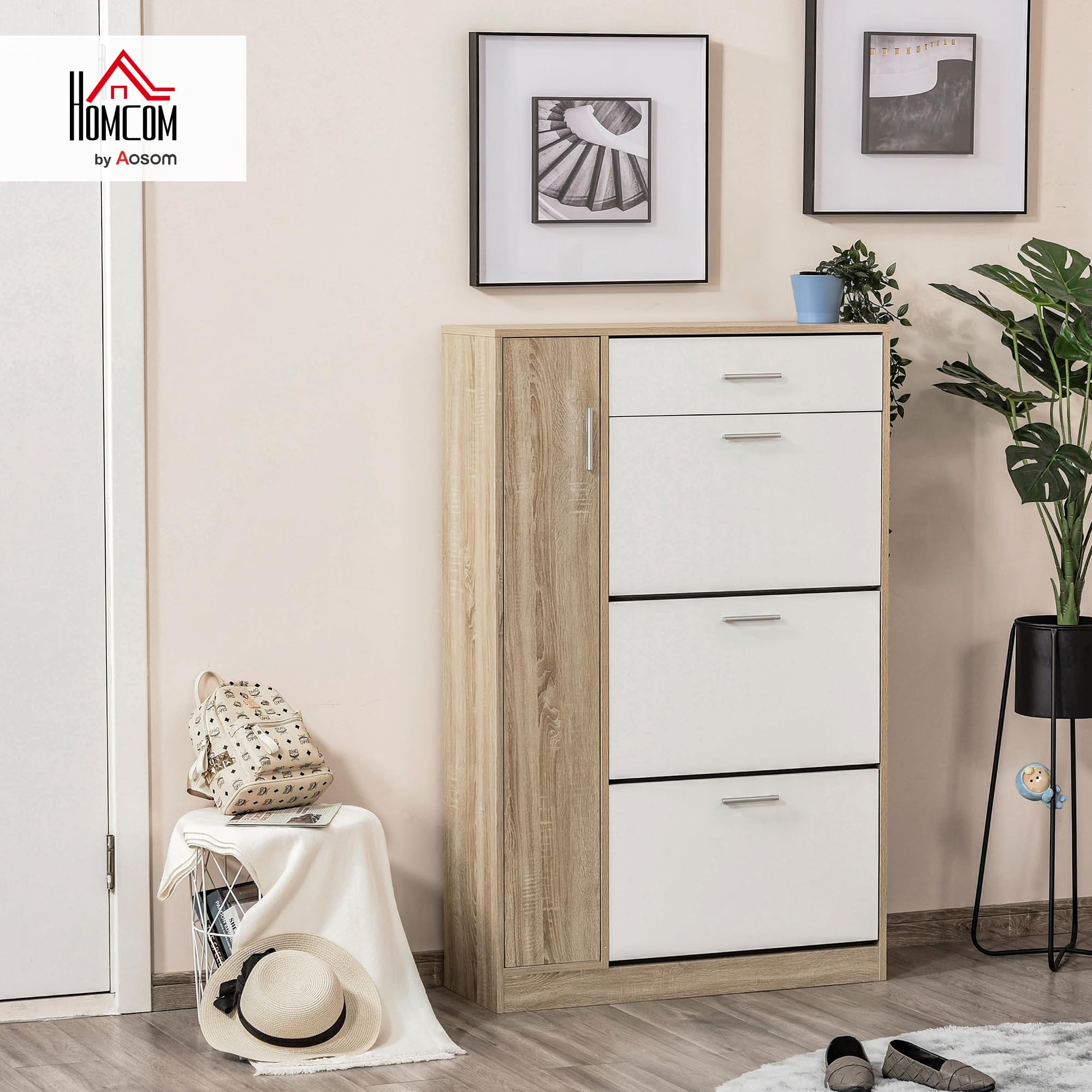 HOMCOM Mueble Zapatero de 3 Puertas para 18-27 Pares de Zapatos Zapatero Moderno con Cajón y Puerta para Salón Entrada Dormitorio 84x30x132 cm Natural