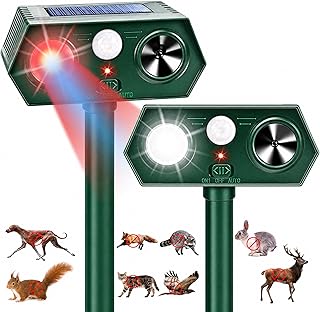 2Pack Upgraded Raccoon Fortress Pro Sonic Fortress Pro Deer Repeller Solar Ultrasonic Animal Repellent Outdoor Motion Activated Squirrel & Cat Deterrent to Keep Skunk Rabbit Out of Garden & Yard