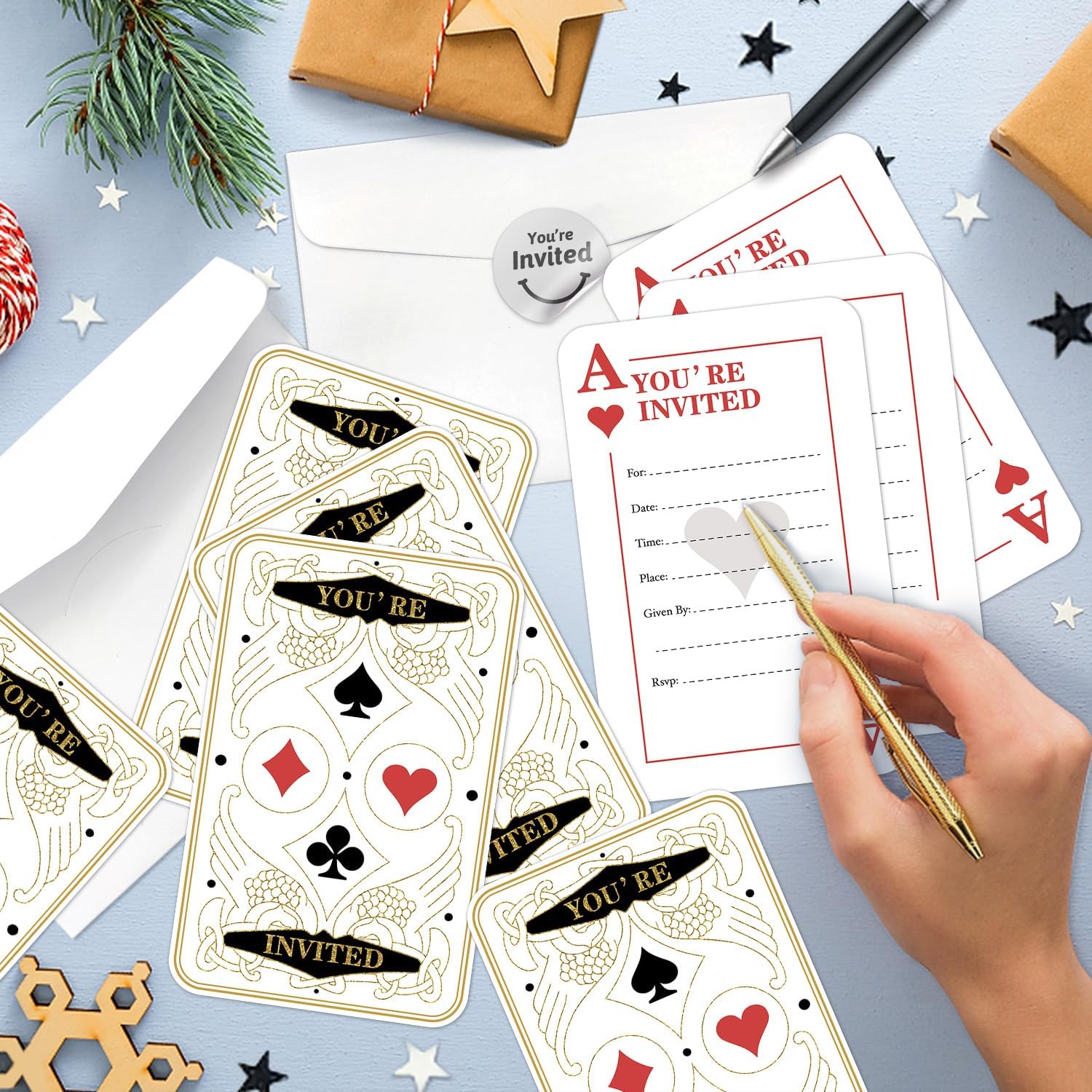 Gold Playing Cards Themed Double-Sided Shaped Fill-In Invitations card 15 Sheets with Envelopes, Casino Party Invitation Cards, Playing Cards Themed Party Invites Las Vegas Birthday Party Supplies image 4