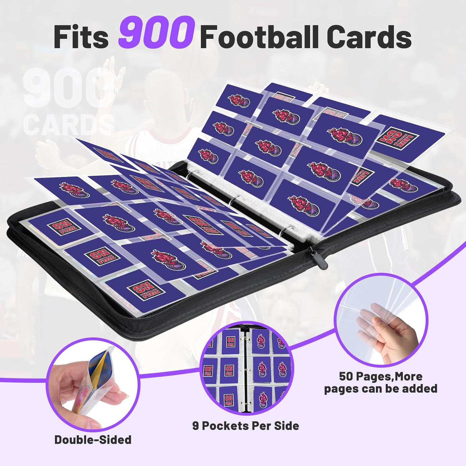 Basketball Card Binder, Trading Sports Card Binder Holder 900 Pockets with 50 Removable Pages, 9 Pocket Collector Album Storage Double Sided,Folder Book Case Gift for Boys And Girl (Purple)