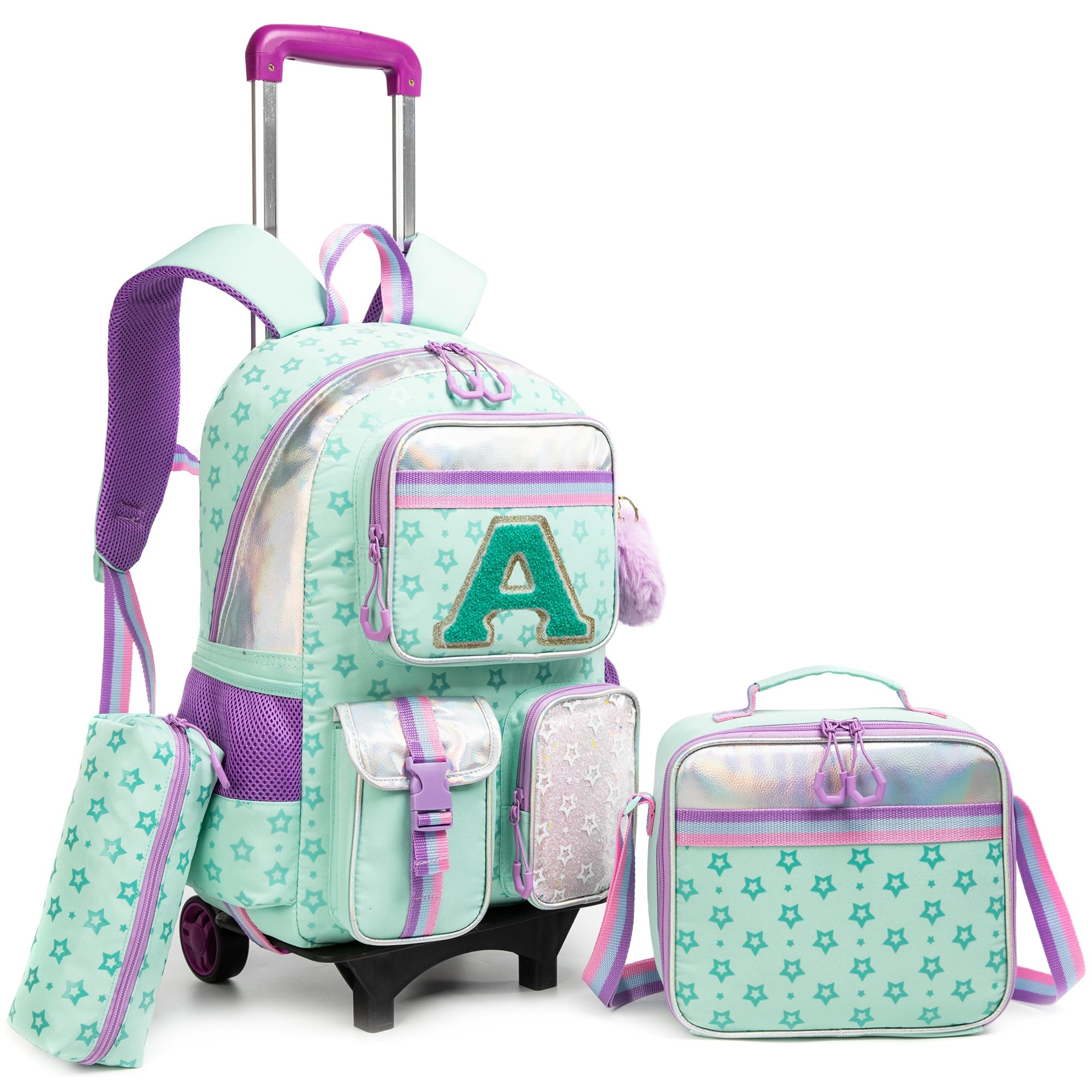 HTgroce Zaino Trolley Scuola Elementare Bambina con Lettera A – Set 3 Pezzi con Borsa per la Merenda e Astuccio – Zainetto con Ruote 2-in-1 Ergonomico per Scuola e Viaggio