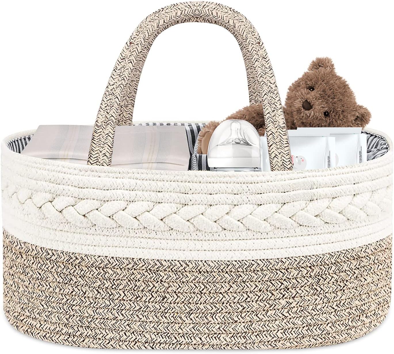 Nappy Caddy Organiser, Diaper Caddy Baby Essentials for Newborn,Multifunctional Nappy Caddy Organiser Portable Nursery Storage Basket with Changeable Compartments,Cotton Woven Rope