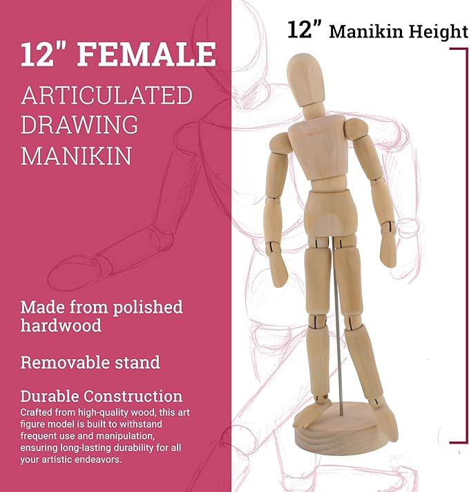 Maniquí de madera femenino articulado de 12 pulgadas para dibujo miniatura 3