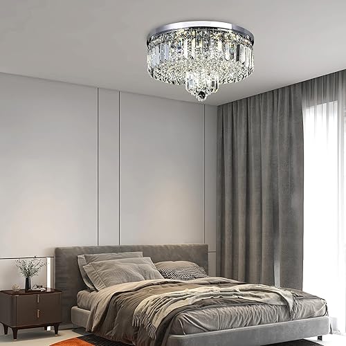 Miniatura 7 de YOVINO Candelabros de cristal de montaje empotrado, 6 luces, lámpara redonda moderna K9 cerca del techo para comedor, dormitorio, entrada, pasillo,