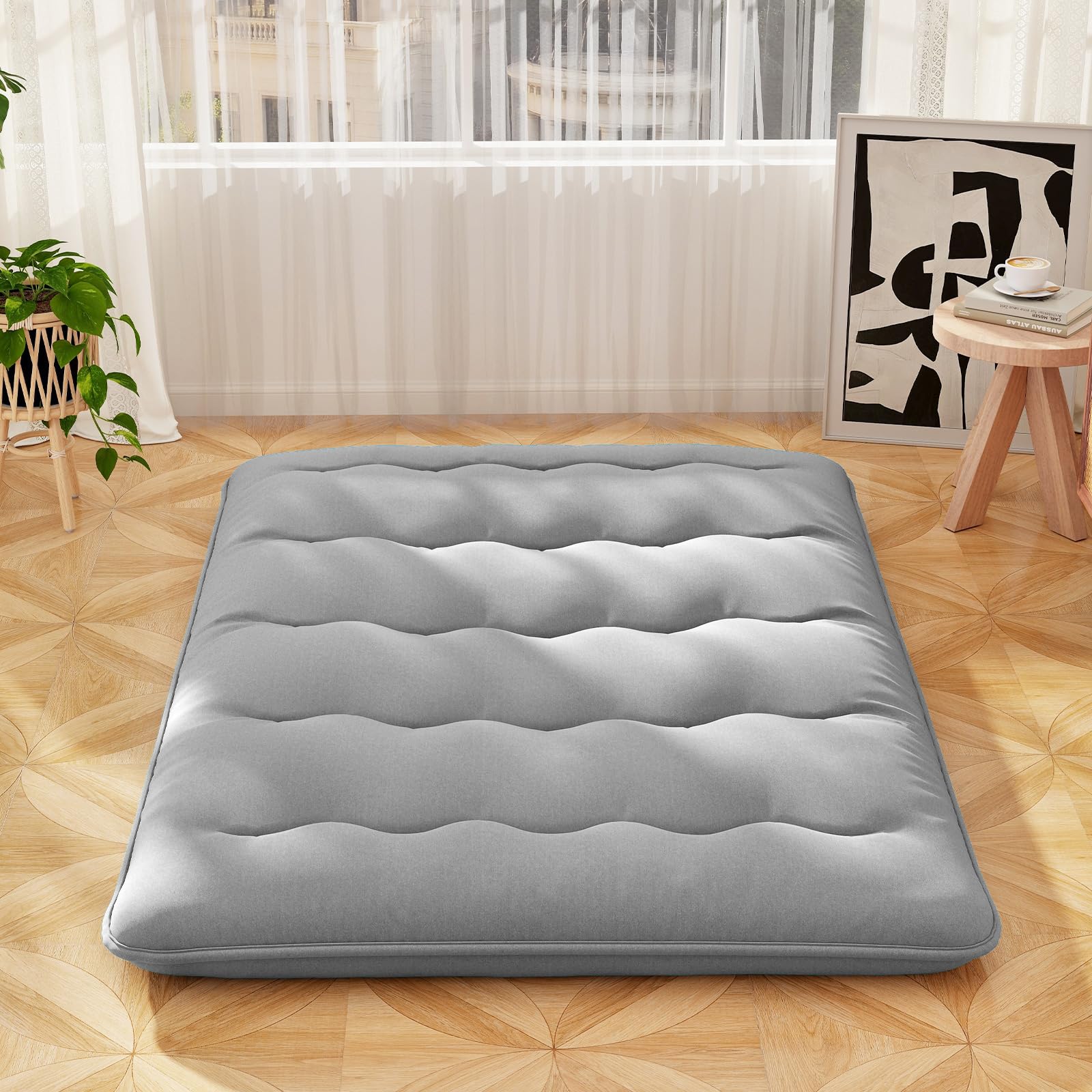 COSTWAY Materasso Futon Pieghevole, Materasso Portatile con Sacca da Trasporto per Camping, Materasso da Terra con Copertura Lavabile (Grigio,200 x 140 cm)