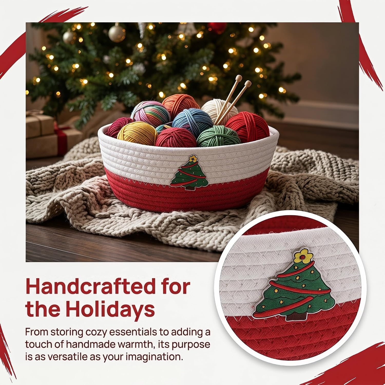 Didiseaon Christmas Cotton Rope Baskets with Tree Designs,
