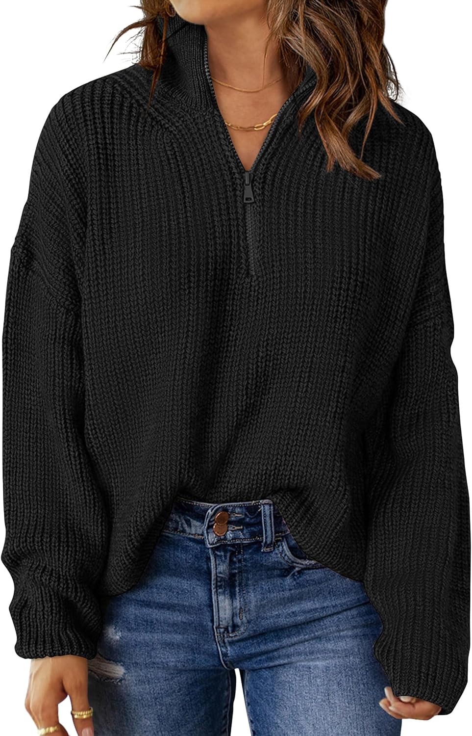 MEROKEETY Women's 2024 Long Sleeve Chunky Knit Sweaters 1/4 Zip Polo V Neck Casual Pullover Tops