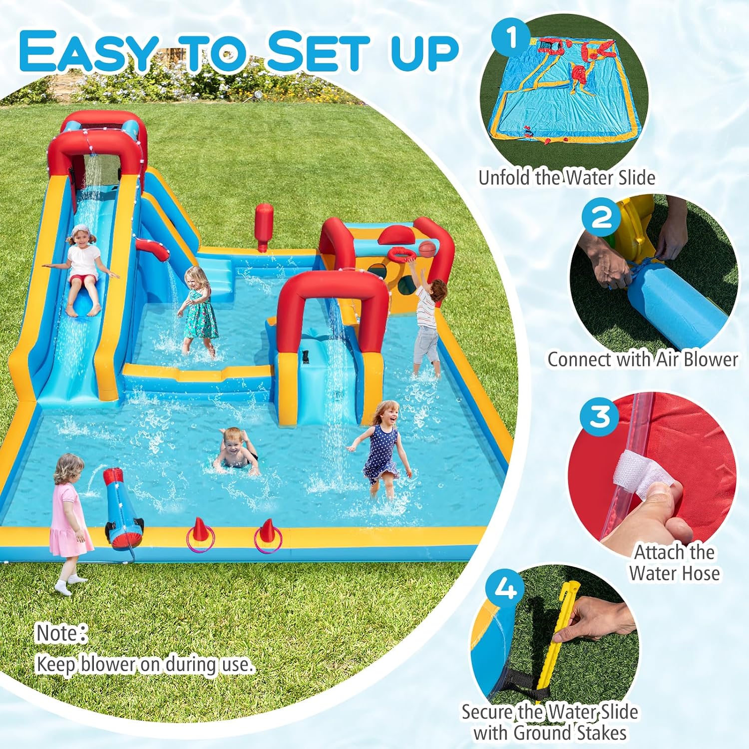 BOUNTECH Inflatable Water Slide Park, 9-in-1 Mega Water Bounce House Bouncy Castle w/2 Large Splash Pools, 735w Blower, Blow up Water Slide Inflatables for Big Kids Aged 3-12 Backyard Party Gifts