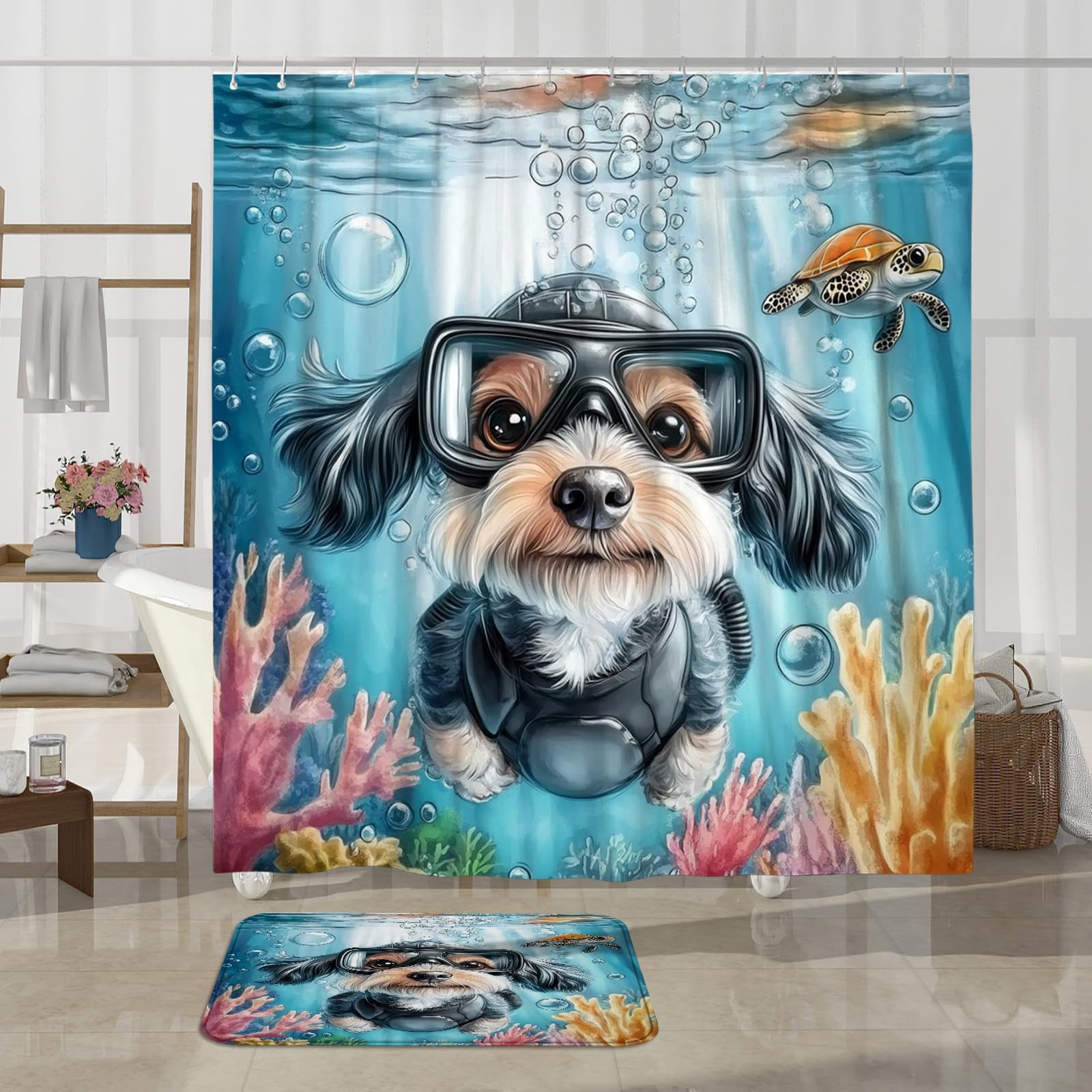 4-teiliges Badezimmer-Zubehör-Set mit frühlingshaftem Schnauzer, mit rutschfestem Teppich, U-Form und WC-Deckelbezug, lustiger Welpe, Kinder, Ozean, Cartoon, Badezimmer, dekorativ, 183 x 183 cm